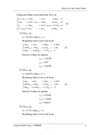 ®éng lùc häc c«ng tr×nh
NguyÔn §×nh Trung –CHXD08
- -
3
f.D¹ng giao ®éng cña hÖ t−¬ng øng víi ui, ωi
( )
( )
( )
( )
i 1i 2i 3i 4i
1i i 2i 3i 4i
1i 2i i 3i 4i
i 1i 2
2 u y 1,42y 1,5y 3,06y 0
2,84y 3,34 u y 3,96y 8,22y = 0
3y 3,96y 6,12 u y 13,72y = 0
2 u y +1,42y
− + + + =
+ − + +
+ + − +
− i 3i 4i1,5y 3,06y = 0





 + +
(1)
f1)Víi u1, ω1:
u1 = 0,2353; chän y11 = 1;
HÖ ph−¬ng tr×nh (1) trë vÒ hÖ ba Èn:
21 31 41
21 31 41
21 31 41
1,42y 1,5y 3,06y 1,7647
3,1047y 3,96y 8,22y 2,84
3,96y 5,8847y 13,72y 3
+ + = −

+ + = −
 + + = −
(2)
Gi¶i hÖ (2) ®−îc c¸c nghiÖm:
y21 = -2,9248
y31 = 2,53
y41 = -0,4596
f2)Víi u2, ω2:
u2 = 0,6753; chän y12 = 1;
HÖ ph−¬ng tr×nh (1) trë vÒ hÖ ba Èn:
22 32 42
22 32 42
22 32 42
1,42y 1,5y 3,06y 1,3247
2,6647y 3,96y 8,22y 2,84
3,96y 5,4447y 13,72y 3
+ + = −

+ + = −
 + + = −
(3)
Gi¶i hÖ (3) ®−îc c¸c nghiÖm:
y22 = -0,5485
y32 = -1,2642
y42 = 0,4415
f3)Víi u3, ω3:
u3 = 2.372; chän y13 = 1;
HÖ ph−¬ng tr×nh (1) trë vÒ hÖ ba Èn:
 