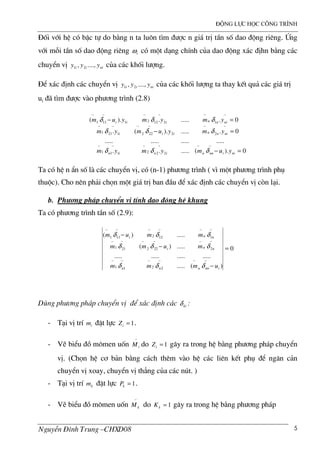 ®éng lùc häc c«ng tr×nh
NguyÔn §×nh Trung –CHXD08 5
§èi víi hÖ cã bËc tù do b»ng n ta lu«n t×m ®−îc n gi¸ trÞ tÇn sè dao ®éng riªng. øng
víi mçi tÇn sè dao ®éng riªng iω cã mét d¹ng chÝnh cña dao ®éng x¸c ®Þhn b»ng c¸c
chuyÓn vÞ niii yyy ....,, 21 cña c¸c khèi l−îng.
§Ó x¸c ®Þnh c¸c chuyÓn vÞ niii yyy ....,, 21 cña c¸c khèi l−îng ta thay kÕt qu¶ c¸c gi¸ trÞ
ui ® t×m ®−îc v o ph−¬ng tr×nh (2.8)
0).(.......
....................
0......).(.
0.......).(
222111
222221211
121221111
=−
=−
=−
−−−−−−
−−−−−−
−−−−−−
niinnninin
ninniii
ninniii
yumymym
ymyumym
ymymyum
δδδ
δδδ
δδδ
Ta cã hÖ n Èn sè l c¸c chuyÓn vÞ, cã (n-1) ph−¬ng tr×nh ( v× mét ph−¬ng tr×nh phô
thuéc). Cho nªn ph¶i chän mét gi¸ trÞ ban ®Çu ®Ó x¸c ®Þnh c¸c chuyÓn vÞ cßn l¹i.
b. Ph−¬ng ph¸p chuyÓn vÞ tÝnh dao ®éng hÖ khung
Ta cã ph−¬ng tr×nh tÇn sè (2.9):
0
)(.....
....................
.....)(
.....)(
2211
2222211
1122111
=
−
−
−
−−−−−−
−−−−−−
−−−−−−
innnnn
nni
nni
ummm
mumm
mmum
δδδ
δδδ
δδδ
Dïng ph−¬ng ph¸p chuyÓn vÞ ®Ó x¸c ®Þnh c¸c kiδ :
- T¹i vÞ trÝ im ®Æt lùc 1=iZ .
- VÏ biÓu ®å m«men uèn
−
iM do 1=iZ g©y ra trong hÖ b»ng ph−¬ng ph¸p chuyÓn
vÞ. (Chän hÖ c¬ b¶n b»ng c¸ch thªm v o hÖ c¸c liªn kÕt phô ®Ó ng¨n c¶n
chuyÓn vÞ xoay, chuyÓn vÞ th¼ng cña c¸c nót. )
- T¹i vÞ trÝ km ®Æt lùc 1=kP .
- VÏ biÓu ®å m«men uèn
−
kM do 1=kK g©y ra trong hÖ b»ng ph−¬ng ph¸p
 