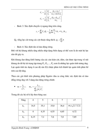 ®éng lùc häc c«ng tr×nh
NguyÔn §×nh Trung –CHXD08 8





 +
+=






+
+
+=
+
k
kk
k
k
k
r
hh
S
h
C
Sr
hh
S
h
C
.4
)(
12
1
.33,0.4
)(
12
1
2
1
2
11
2
21
1
2
1
1
- Buíc 3: X¸c ®Þnh chuyÓn vÞ ngang tÇng trªn cïng.
11
1
)(
48
1
. ++
=
∑∑ +−= kkk
k
k
n
k
kkn hhh
r
G
QCy
Qk: tæng lùc c¾t trong c¸c cét thuéc tÇng thø k ∑=
n
ik PQ
1
- Buíc 4: X¸c ®Þnh tÇn sè dao ®éng riªng.
§èi víi hÖ khung nhiÒu tÇng nhiÒu nhÞp d¹ng biÕn d¹ng cã thÓ xem l do mét hÖ lùc
n o ®ã g©y ra.
Khi khung dao ®éng khèi l−îng cña c¸c c©u kiÖn cét, dÇm, s n ®−îc tËp trung vÒ nót
khung do ®ã hÖ t¶i träng tËp trung P1, P2,…, Pn xem l nh÷ng lùc qu¸n tÝnh t−¬ng øng.
Lùc qu¸n tÝnh t¸c dông ë cao ®é s n Z(t) ®−îc ph©n tÝch th nh lùc qu¸n tÝnh ph©n bè
trªn cao ®é tÇng.
Theo c¸c gi¶ thiÕt trªn ph−¬ng ph¸p Sigalov ®−a ra c«ng thøc x¸c ®Þnh tÇn sè dao
®æng riªng øng víi 3 d¹ng dao ®éng riªng chÝnh:
•
ny
k1
1 =ω ;
∑
= n
kk Cm
k
1
3,2
3,2
.
ω
Trong ®ã c¸c hÖ sè k lÊy theo b¶ng sau:
TÇng 4 5 6 7 >7
k1 34,5 35,1 35,8 36,4 nn 2).1(.2,49 +
k2 4 4,35 4,55 4,65 4,72
k3 6,15 7,1 7,6 7,8 7,85
 