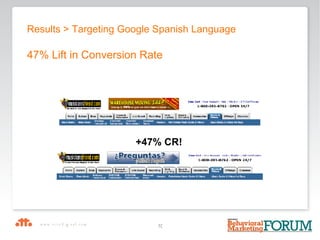 Results > Targeting Google Spanish Language 47% Lift in Conversion Rate +47% CR! 