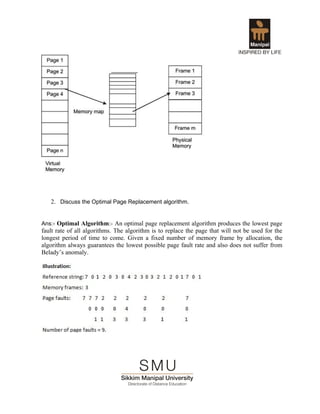 2. Discuss the Optimal Page Replacement algorithm.


Ans:- Optimal Algorithm:- An optimal page replacement algorithm produces the lowest page
fault rate of all algorithms. The algorithm is to replace the page that will not be used for the
longest period of time to come. Given a fixed number of memory frame by allocation, the
algorithm always guarantees the lowest possible page fault rate and also does not suffer from
Belady’s anomaly.
 