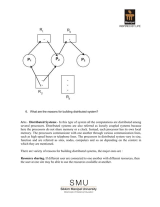 6. What are the reasons for building distributed system?


Ans:- Distributed Systems:- In this type of system all the computations are distributed among
several processors. Distributed systems are also referred as loosely coupled systems because
here the processors do not share memory or a clock. Instead, each processor has its own local
memory. The processors communicate with one another through various communication lines,
such as high speed buses or telephone lines. The processors in distributed system vary in size,
function and are referred as sites, nodes, computers and so on depending on the context in
which they are mentioned.

There are variety of reasons for building distributed systems, the major ones are :

Resource sharing. If different user are connected to one another with different resources, then
the user at one site may be able to use the resources available at another.
 