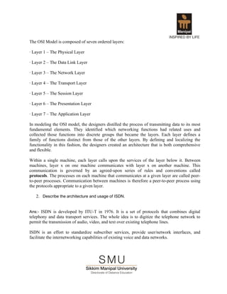 The OSI Model is composed of seven ordered layers:

· Layer 1 – The Physical Layer

· Layer 2 – The Data Link Layer

· Layer 3 – The Network Layer

· Layer 4 – The Transport Layer

· Layer 5 – The Session Layer

· Layer 6 – The Presentation Layer

· Layer 7 – The Application Layer

In modeling the OSI model, the designers distilled the process of transmitting data to its most
fundamental elements. They identified which networking functions had related uses and
collected those functions into discrete groups that became the layers. Each layer defines a
family of functions distinct from those of the other layers. By defining and localizing the
functionality in this fashion, the designers created an architecture that is both comprehensive
and flexible.

Within a single machine, each layer calls upon the services of the layer below it. Between
machines, layer x on one machine communicates with layer x on another machine. This
communication is governed by an agreed-upon series of rules and conventions called
protocols. The processes on each machine that communicates at a given layer are called peer-
to-peer processes. Communication between machines is therefore a peer-to-peer process using
the protocols appropriate to a given layer.

   2. Describe the architecture and usage of ISDN.


Ans:- ISDN is developed by ITU-T in 1976. It is a set of protocols that combines digital
telephony and data transport services. The whole idea is to digitize the telephone network to
permit the transmission of audio, video, and text over existing telephone lines.

ISDN is an effort to standardize subscriber services, provide user/network interfaces, and
facilitate the internetworking capabilities of existing voice and data networks.
 