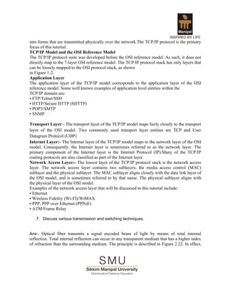 into forms that are transmitted physically over the network.The TCP/IP protocol is the primary
focus of this tutorial.
TCP/IP Model and the OSI Reference Model
The TCP/IP protocol suite was developed before the OSI reference model. As such, it does not
directly map to the 7-layer OSI reference model. The TCP/IP protocol stack has only layers that
can be loosely mapped to the OSI protocol stack, as shown
in Figure 1-2.
Application Layer
The application layer of the TCP/IP model corresponds to the application layer of the OSI
reference model. Some well known examples of application level entities within the
TCP/IP domain are:
• FTP/Telnet/SSH
• HTTP/Secure HTTP (SHTTP)
• POP3/SMTP
• SNMP

Transport Layer:- The transport layer of the TCP/IP model maps fairly closely to the transport
layer of the OSI model. Two commonly used transport layer entities are TCP and User
Datagram Protocol (UDP)
Internet Layer:- The Internet layer of the TCP/IP model maps to the network layer of the OSI
model. Consequently, the Internet layer is sometimes referred to as the network layer. The
primary component of the Internet layer is the Internet Protocol (IP).Many of the TCP/IP
routing protocols are also classified as part of the Internet layer.
Network Access Layer:- The lowest layer of the TCP/IP protocol stack is the network access
layer. The network access layer contains two sublayers, the media access control (MAC)
sublayer and the physical sublayer. The MAC sublayer aligns closely with the data link layer of
the OSI model, and is sometimes referred to by that name. The physical sublayer aligns with
the physical layer of the OSI model.
Examples of the network access layer that will be discussed in this tutorial include:
• Ethernet
• Wireless Fidelity (Wi-FI)/WiMAX
• PPP, PPP over Ethernet (PPPoE)
• ATM/Frame Relay

   7. Discuss various transmission and switching techniques.


Ans:- Optical fiber transmits a signal encoded beam of light by means of total internal
reflection. Total internal reflection can occur in any transparent medium that has a higher index
of refraction than the surrounding medium. The principle is described in Figure 2.22. In effect,
 