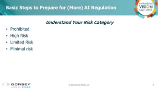 Understand Your Risk Category
• Prohibited
• High Risk
• Limited Risk
• Minimal risk
Basic Steps to Prepare for (More) AI ...