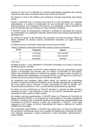 Leitão & Lima / Estruturação do plano de gerenciaento de resíduos de serviços de saúde para a farmácia...
ORGANIZAÇÃO & ESTRATÉGIA, v. 3, n. 3, p. 373-391, setembro a dezembro de 2007 382
resíduos do tipo B e E é realizado por empresa especializada contratada pela empresa
responsável pela coleta e transporte externo dos resíduos da FAU/UFF.
Os resíduos do tipo D são tratados pela companhia municipal responsável pela limpeza
urbana.
Quanto à disposição final, os resíduos dos grupos B e E são submetidos, por empresas
especializadas, a processo de desativação da sua constituição tóxica e/ou perigosa,
descaracterizando sua composição físico-química. Sua destinação a aterros sanitários só
pode ser efetivada após sua liberação por órgão ambiental competente.
A FAU/UFF recebe da transportadora contratada o certificado de destinação dos resíduos
em conformidade com a legislação ambiental vigente emitido pela empresa especializada na
destinação final.
Os resíduos do grupo D são dispostos pela companhia municipal de limpeza urbana em
aterros sanitários de resíduos urbanos, devidamente licenciados por órgão ambiental
competente.
A Tabela 9 resume o tratamento e disposição final dos grupos de RSS:
Tabela 9. Tratamento e Disposição Final dos RSS, segundo os Grupos de Resíduos
Grupo Tratamento Destino
B Incineração Aterro sanitário
E Incineração Aterro sanitário
D Segregação Reciclado
Fonte: Autor
No Mapa de Risco, o risco classificado na Farmácia Universitária é do Grupo 2 (Químico),
identificado pela cor vermelha.
Dentre os riscos presentes na FAU/UFF, estão presentes riscos de contaminação cruzada
durante a manipulação das fórmulas para uso externo no laboratório de semi-sólidos.
Podem estar presentes também no momento da lavagem em algum resíduo de sabão na
vidraria utilizada para manipulação e na exaustão de pós, a qual é feita por um filtro que é
trocado uma vez por semana e colocado no armário de descarte.
As substâncias mais perigosas (ácido acético glacial, por exemplo) são manipuladas
somente na Capela do Controle de Qualidade, com os devidos equipamentos de segurança,
tais como óculos, luvas e máscaras. O ácido tricloroacético de 90% de solução, só é
manipulado pelo farmacêutico e com o uso dos devidos equipamentos de segurança.
Os fatores de risco identificados na FAU/UFF permitiram a geração do Mapa de Risco
constante da Figura 1 que apresenta as áreas de risco químico classificadas segundo a
intensidade do risco: pequena, média e grande.
Em relação a serviços especializados, a FAU/UFF possui um Programa de Prevenção de
Riscos Ambientais (PPRA) e um Programa de Controle Médico e de Saúde Ocupacional
(PCMSO). A proposta inclui a confecção planilha para atribuição das responsabilidades dos
funcionários da FAU/UFF relativas a esses dois programas. A FAU/UFF, como órgão
integrante da UFF, dispõe do Serviço Especializado em Saúde e Medicina do Trabalho
(SESMT) da universidade.
Para implantação deste PGRSS, a FAU/UFF deve desenvolver um Plano de Capacitação
dos servidores, considerando temas como questões de biosegurança, prevenção de riscos,
meio ambiente, segurança e saúde ocupacional e outros pertinentes, particularmente o
próprio PGRSS.
 