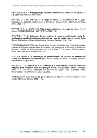 Leitão & Lima / Estruturação do plano de gerenciaento de resíduos de serviços de saúde para a farmácia...
ORGANIZAÇÃO & ESTRATÉGIA, v. 3, n. 3, p. 373-391, setembro a dezembro de 2007 390
MASTROENI, M. F. – Biossegurança aplicada a laboratórios e serviços de saúde. 2a
.
Ed. São Paulo: Atheneu, 2006, 338p.
MATTOS, U. A. O.; SANTOS, P. R. Mapa de Risco. In: MASTROENI, M. F. (Ed.).
Biossegurança Aplicada a Laboratórios e Serviços de Saúde. 2a
. Ed. São Paulo: Atheneu,
2006. p.107-119.
MATTOS, U. A. O.; SIMONI, M. Roteiro para construção de mapa de risco. Rio de
Janeiro: CESTEH/FIOCRUZ - COPPE/UFRJ. 1993.17 p.
OROFINO, F. V. G. Aplicação de um sistema de suporte multicritério (saaty for
windows) na gestão de resíduos sólidos de serviços de saúde: caso do hospital Celso
Ramos. Florianópolis: Universidade Federal de Santa Catarina. 1996. 137p.
PRESIDÊNCIA DA REPÚBLICA. Dispõe sobre Normas e Padrões para Prédios Destinados
a Serviços de Saúde, Credenciação e Contratos com os mesmos, e dá outras Providências.
Decreto nº 76973, de 31 de dezembro de 1975. Brasília: D.O.U. - Diário Oficial da União;
Poder Executivo, de 02 de janeiro de 1976
QUEZADA DORIA, R. A. Habilitação em gerenciamento de resíduos de serviços de
saúde para farmácias de manipulação. Rio de Janeiro: SEBRAE, Fundação Bio-Rio e
Instituto Olho D´Água, 2004.
RIBEIRO, A. L. A. Resolução RDC 33/ANVISA/MS: Uma análise crítica do roteiro de
inspeção para farmácias com manipulação. Niterói.: Universidade Federal Fluminens,
2002. 161f. Dissertação (Mestrado em Sistema de Gestão pela Qualidade Total)-
Universidade Federal Fluminense, LATEC, 2002.
SCHNEIDER, V. et al. Manual de gerenciamento de resíduos sólidos de serviços de
saúde. São Paulo: Bolieiro. 2001. 173p.
 