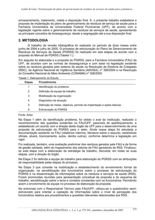 Leitão & Lima / Estruturação do plano de gerenciaento de resíduos de serviços de saúde para a farmácia...
ORGANIZAÇÃO & ESTRATÉGIA, v. 3, n. 3, p. 373-391, setembro a dezembro de 2007 375
armazenamento, tratamento, coleta e disposição final. E, o presente trabalho estabelece a
proposta de implantação do plano de gerenciamento de resíduos de serviço de saúde para a
Farmácia Universitária da Universidade Federal Fluminense (UFF), de acordo com a
legislação vigente sobre o gerenciamento de resíduos de serviços de saúde, apresentando
os principais conceitos de biossegurança, desde a segregação até a sua disposição final.
2. METODOLOGIA
O trabalho de revisão bibliográfica foi realizado no período de doze meses entre
junho de 2004 e julho de 2005. O processo de estruturação do Plano de Gerenciamento de
Resíduos de Serviços de Saúde (PGRSS) foi realizado em seis etapas de acordo com a
proposta do Manual de PGRSS (Tabela 1.).
Em seguida foi elaborada e a proposta do PGRSS, para a Farmácia Universitária (FAU) da
UFF, de acordos com as normas de biossegurança e com base na legislação existente
sobre os resíduos gerados pelo sistema de saúde na Resolução de Diretoria de Colegiado
(RDC), da Agência Nacional de Vigilância Sanitária (ANVISA), no
306/2004 e na Resolução
do Conselho Nacional do Meio Ambiente (CONAMA) no
358/2005.
Tabela 1. Delineamento do Estudo
Etapas Procedimentos
1 Identificação do problema
2 Definição da equipe de trabalho
3 Mobilização da organização
4 Diagnóstico da situação
5 Definição de metas, objetivos, período de implantação e ações básicas
6 Estruturação do PGRSS
Fonte: Autor
Na Etapa 1 além da identificação problema, foi obtido o aval da instituição, realizado o
reconhecimento das questões existentes na FAU/UFF, passíveis de aperfeiçoamento, e
estabelecido um acordo com a direção deste órgão da UFF para o desenvolvimento de uma
proposta de estruturação do PGRSS para o setor. Ainda nessa etapa foi estudada a
documentação existente na FAU (relatórios internos, literatura sobre o assunto, estatísticas
oficiais, alvará, licenciamento, autos, dentre outros), conforme determina a legislação em
vigor.
Foi realizada, também, uma avaliação preliminar dos resíduos gerados pela FAU e da forma
de gestão adotada, além do mapeamento dos setores da FAU geradores de RSS. Finalizou-
se esta etapa com a elaboração da estratégia de trabalho, discutida, em todas as suas
etapas, com a direção do órgão.
Na Etapa 2 foi definida a equipe de trabalho para elaboração do PGRSS com as atribuições
de responsabilidade pelas etapas do processo.
Na Etapa 3 que consiste na mobilização e estabelecimento do envolvimento formal da
organização, na sensibilização dos funcionários sobre o processo de estruturação do
PGRSS e na disseminação de informações sobre os resíduos e serviços de saúde (RSS).
Foram promovidas reuniões para apresentação conceitual da proposta e do esquema de
trabalho, sensibilização sobre o tema e contatos constantes com os funcionários. Permitindo
assim o envolvimento da equipe no processo de elaboração da proposta.
Na entrevista com o Responsável Técnico pela FAU/UFF, utilizou-se o questionário semi-
estruturado para orientar a captação de informações sobre o nível de percepção dos
funcionários relativa aos procedimentos e questões relevantes relacionadas aos RSS.
 