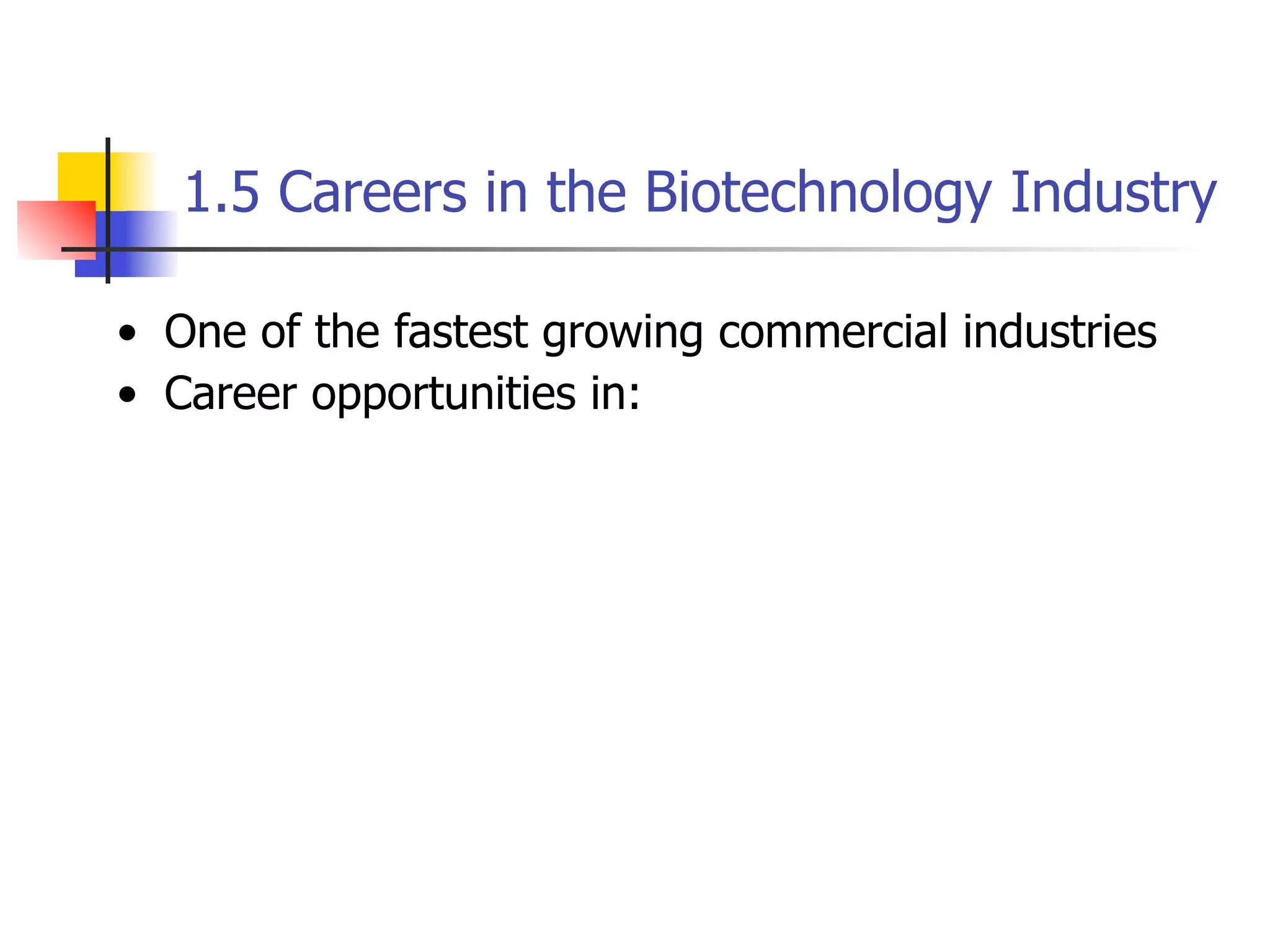 1.5 Careers in the Biotechnology Industry
• One of the fastest growing commercial industries
• Career opportunities in:

 