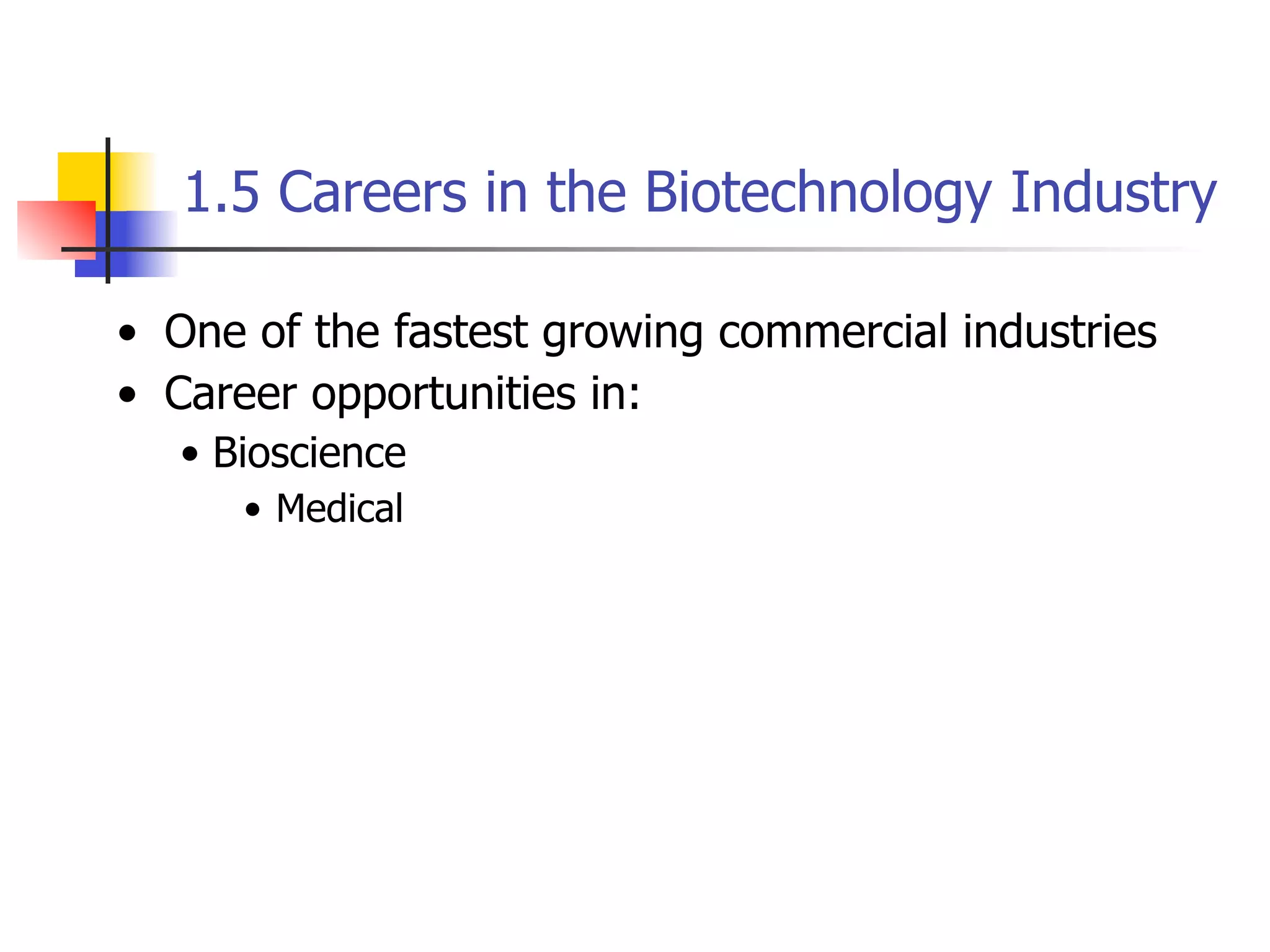 1.5 Careers in the Biotechnology Industry
• One of the fastest growing commercial industries
• Career opportunities in:
• Bioscience
• Medical

 