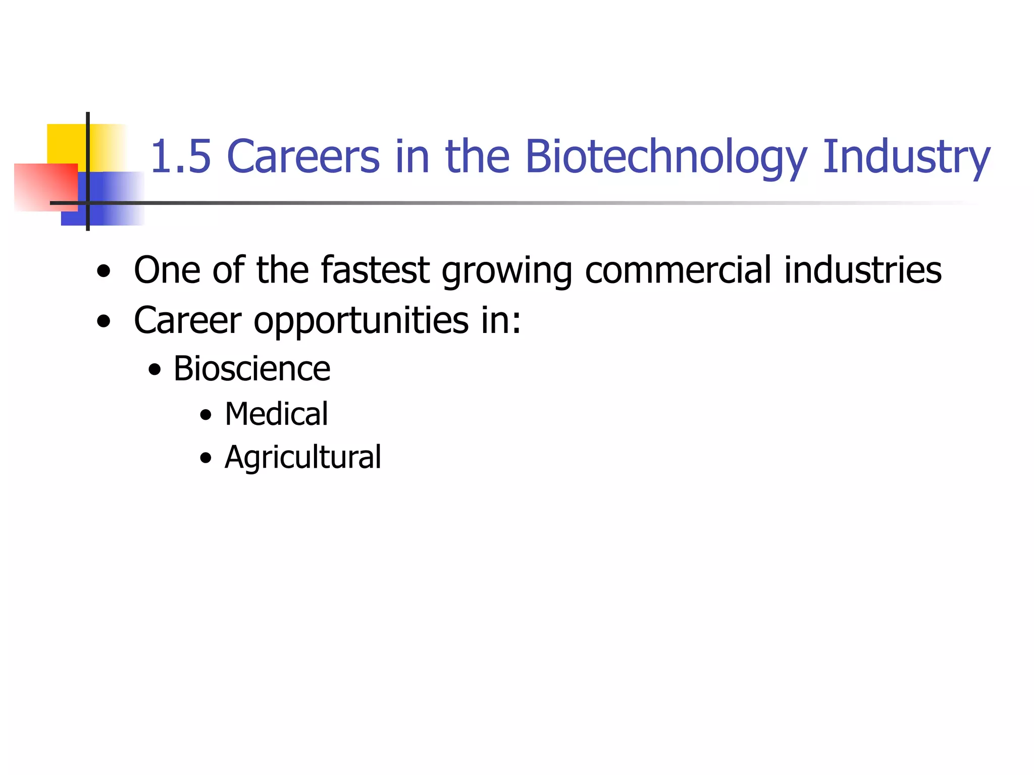 1.5 Careers in the Biotechnology Industry
• One of the fastest growing commercial industries
• Career opportunities in:
• Bioscience
• Medical
• Agricultural

 