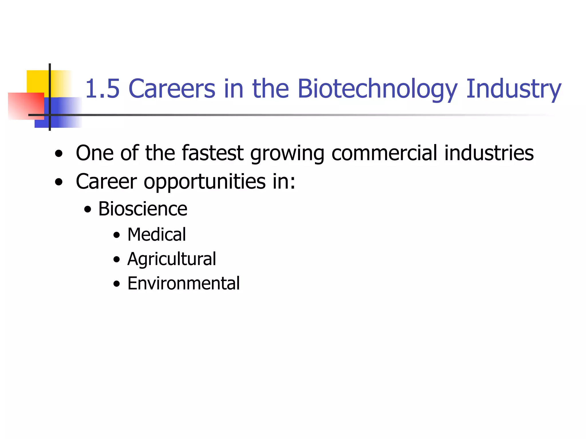 1.5 Careers in the Biotechnology Industry
• One of the fastest growing commercial industries
• Career opportunities in:
• Bioscience
• Medical
• Agricultural
• Environmental

 