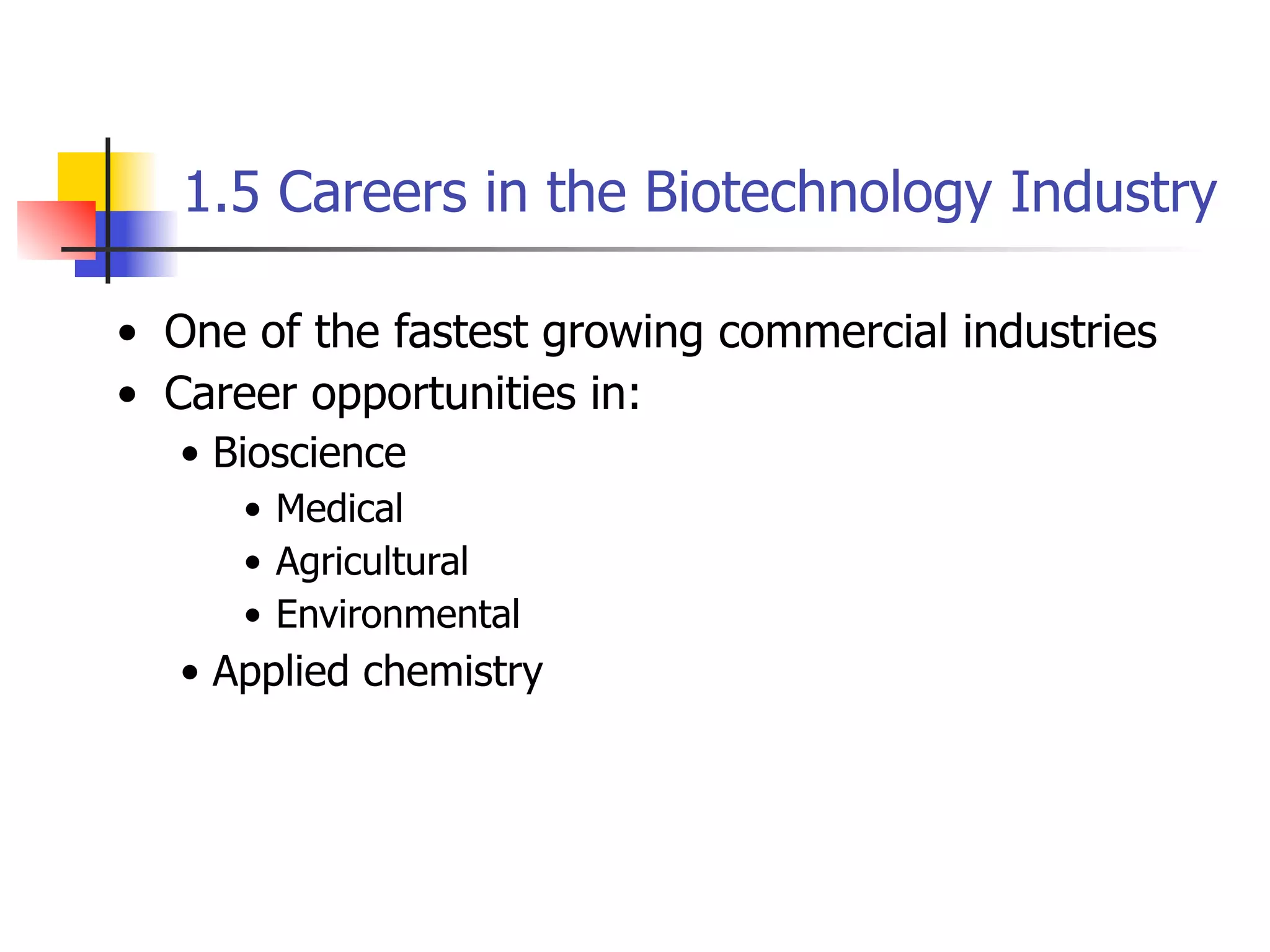 1.5 Careers in the Biotechnology Industry
• One of the fastest growing commercial industries
• Career opportunities in:
• Bioscience
• Medical
• Agricultural
• Environmental

• Applied chemistry

 