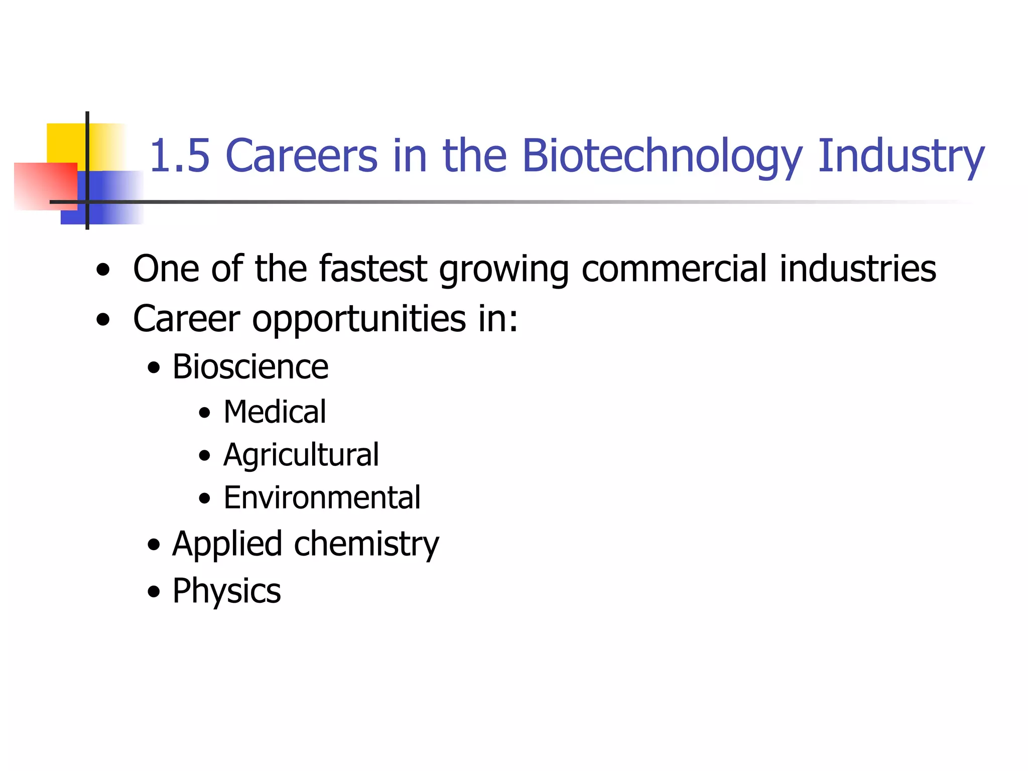 1.5 Careers in the Biotechnology Industry
• One of the fastest growing commercial industries
• Career opportunities in:
• Bioscience
• Medical
• Agricultural
• Environmental

• Applied chemistry
• Physics

 