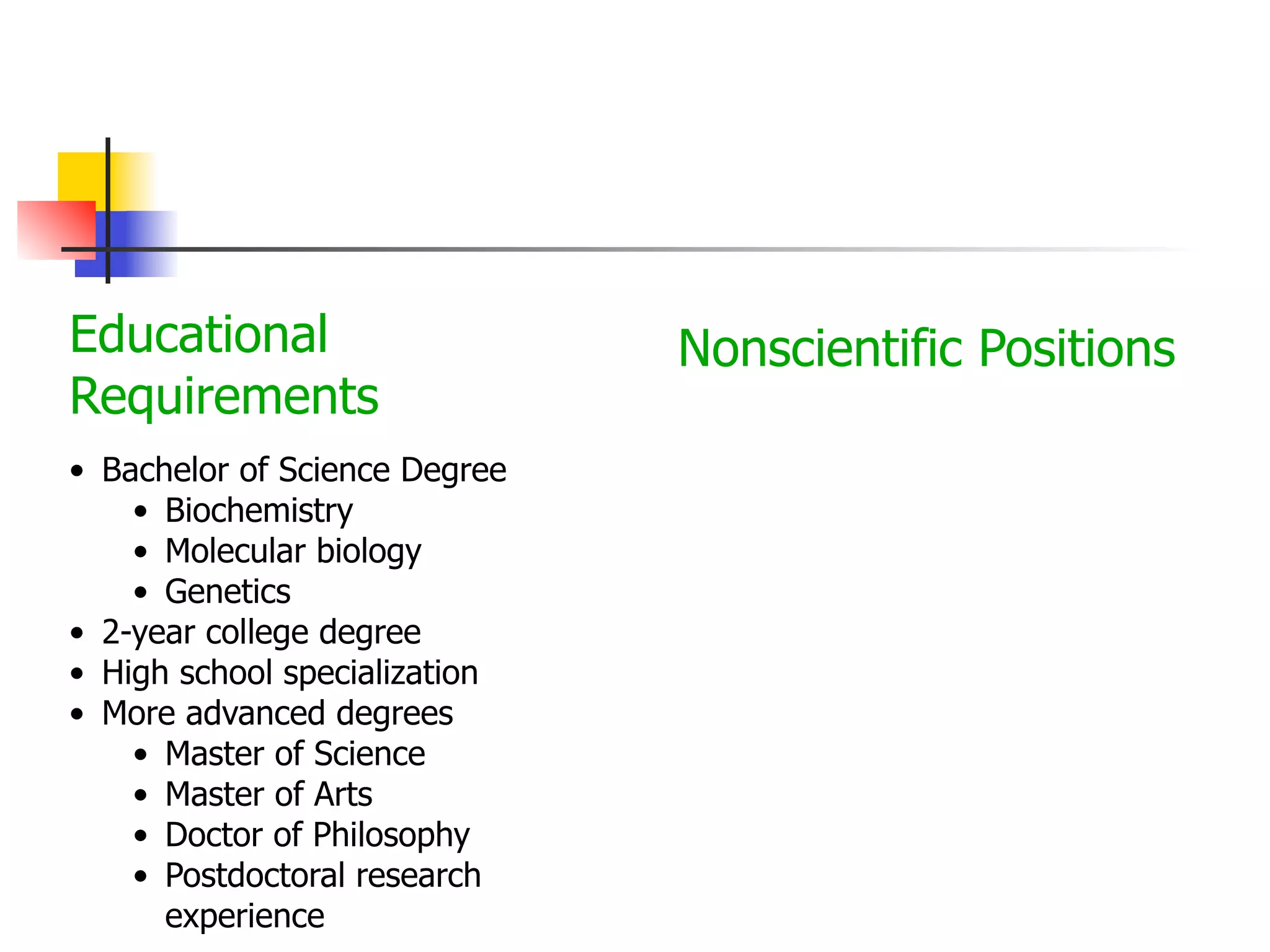 Educational
Requirements
• Bachelor of Science Degree
• Biochemistry
• Molecular biology
• Genetics
• 2-year college degree
• High school specialization
• More advanced degrees
• Master of Science
• Master of Arts
• Doctor of Philosophy
• Postdoctoral research
experience

Nonscientific Positions

 
