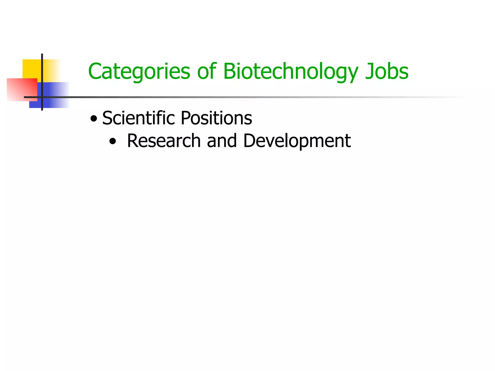 Categories of Biotechnology Jobs
• Scientific Positions
• Research and Development

 