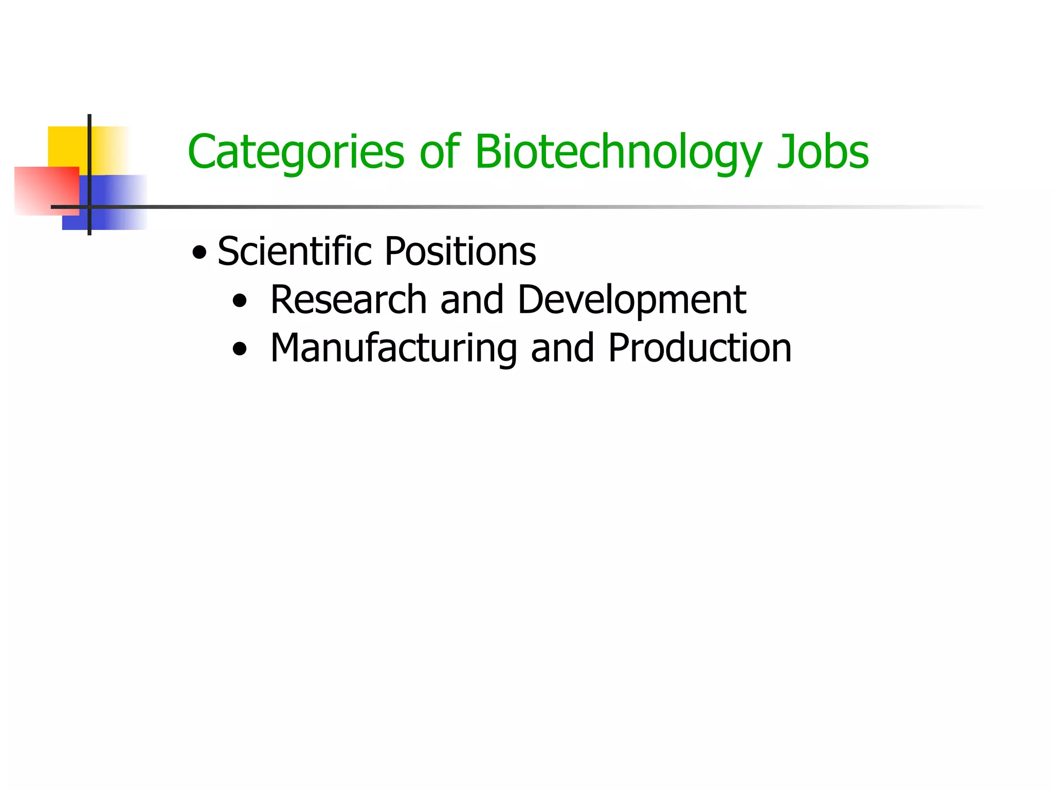 Categories of Biotechnology Jobs
• Scientific Positions
• Research and Development
• Manufacturing and Production

 