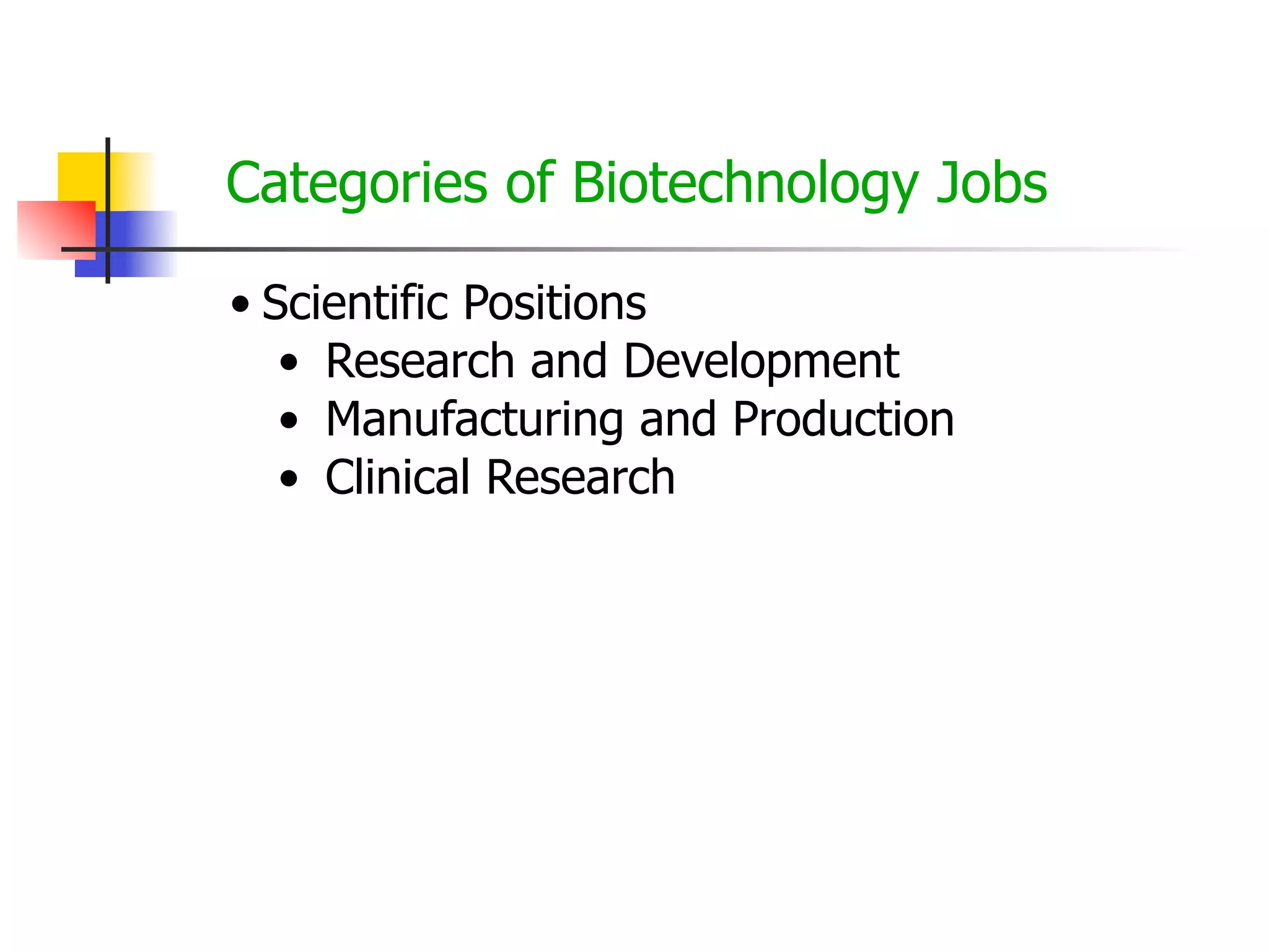 Categories of Biotechnology Jobs
• Scientific Positions
• Research and Development
• Manufacturing and Production
• Clinical Research

 