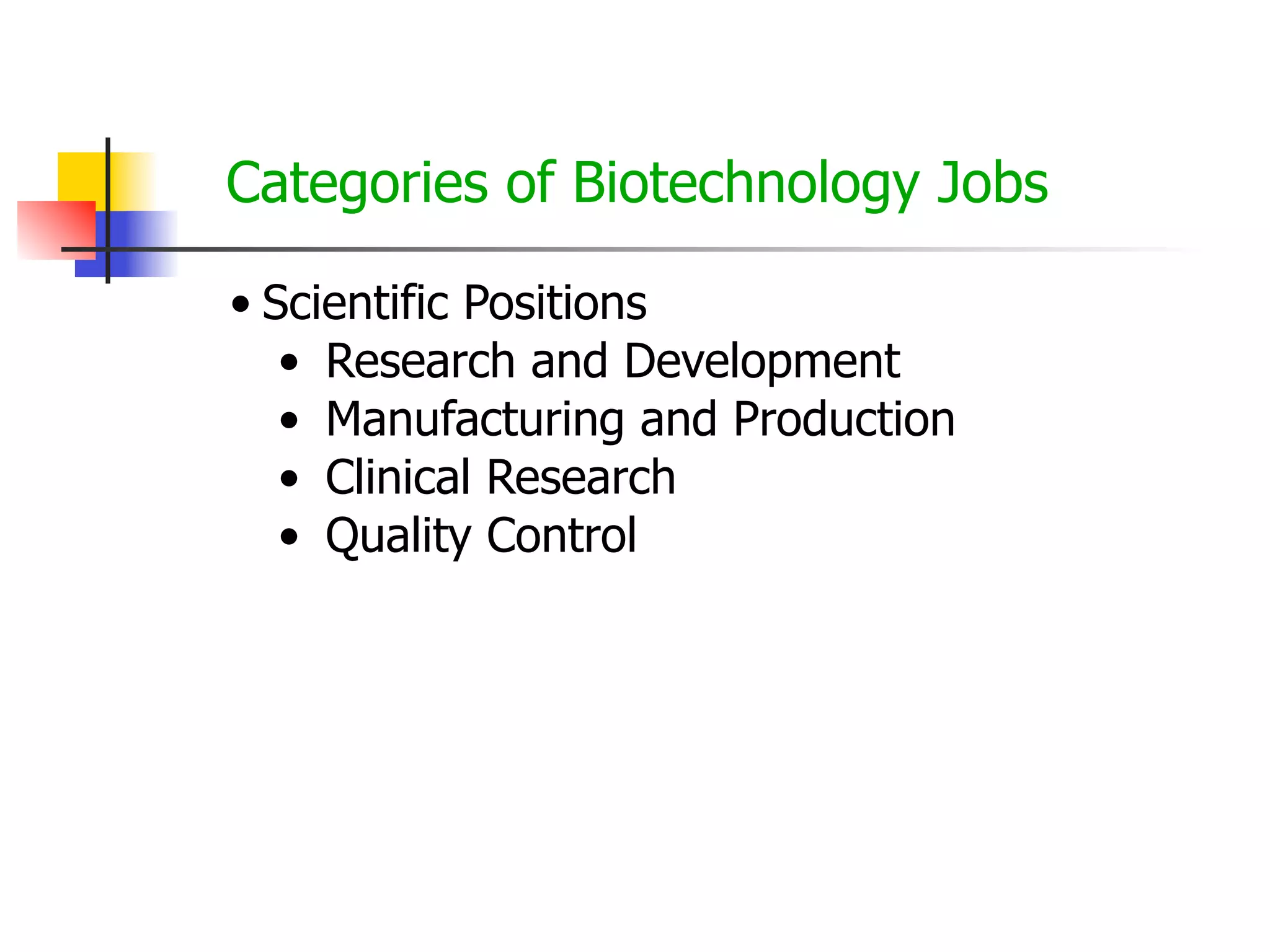 Categories of Biotechnology Jobs
• Scientific Positions
• Research and Development
• Manufacturing and Production
• Clinical Research
• Quality Control

 