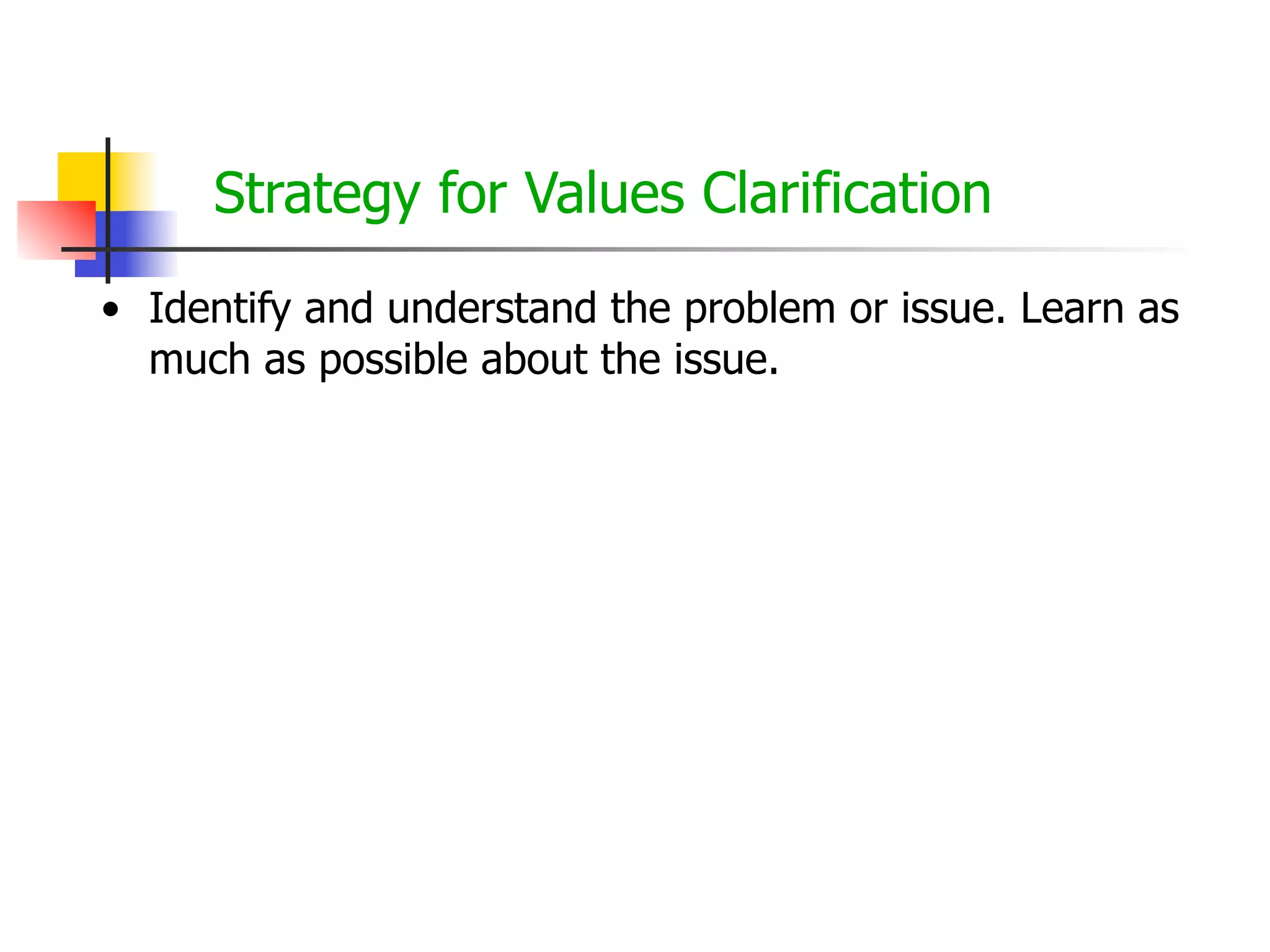Strategy for Values Clarification
• Identify and understand the problem or issue. Learn as
much as possible about the issue.

 
