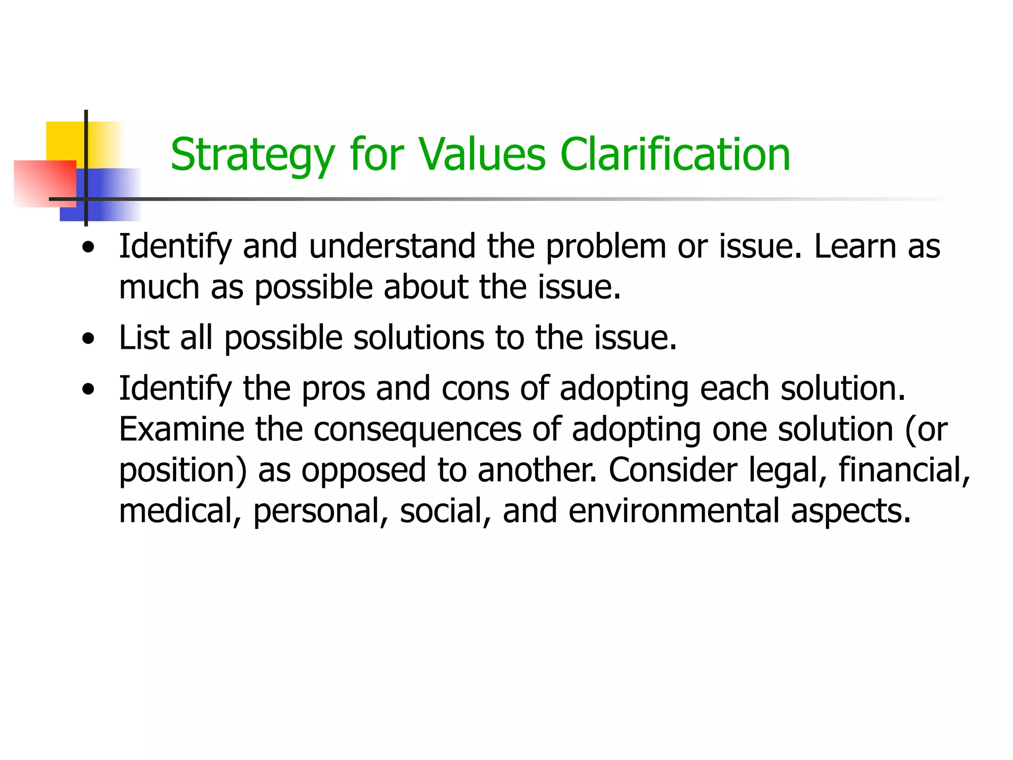 Strategy for Values Clarification
• Identify and understand the problem or issue. Learn as
much as possible about the issue.
• List all possible solutions to the issue.
• Identify the pros and cons of adopting each solution.
Examine the consequences of adopting one solution (or
position) as opposed to another. Consider legal, financial,
medical, personal, social, and environmental aspects.

 