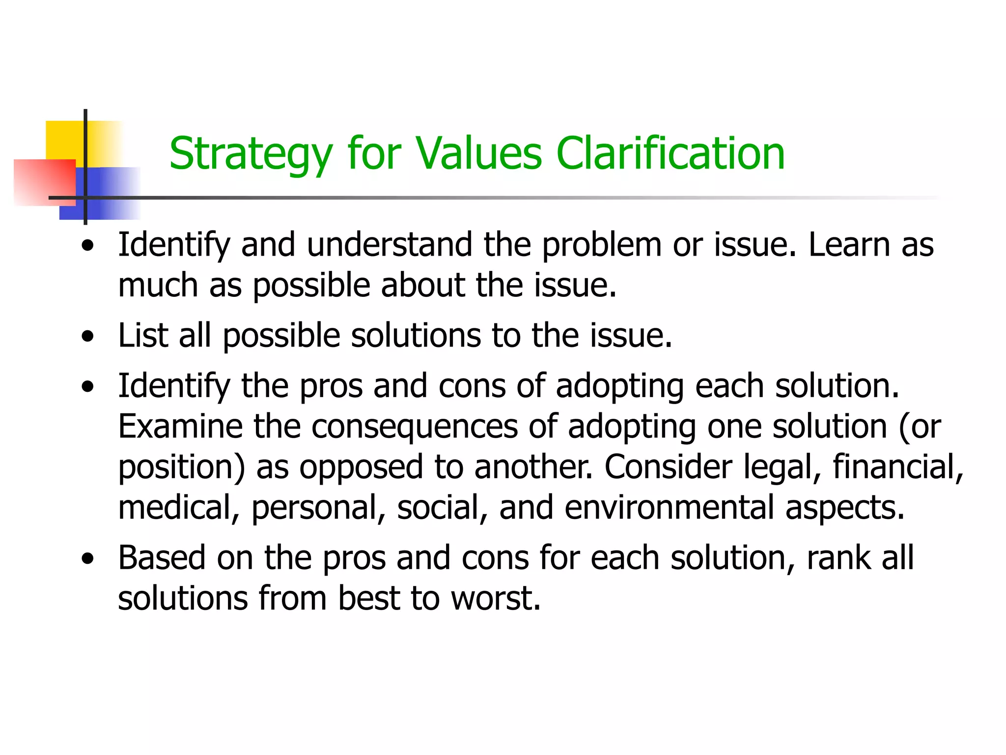 Strategy for Values Clarification
• Identify and understand the problem or issue. Learn as
much as possible about the issue.
• List all possible solutions to the issue.
• Identify the pros and cons of adopting each solution.
Examine the consequences of adopting one solution (or
position) as opposed to another. Consider legal, financial,
medical, personal, social, and environmental aspects.
• Based on the pros and cons for each solution, rank all
solutions from best to worst.

 