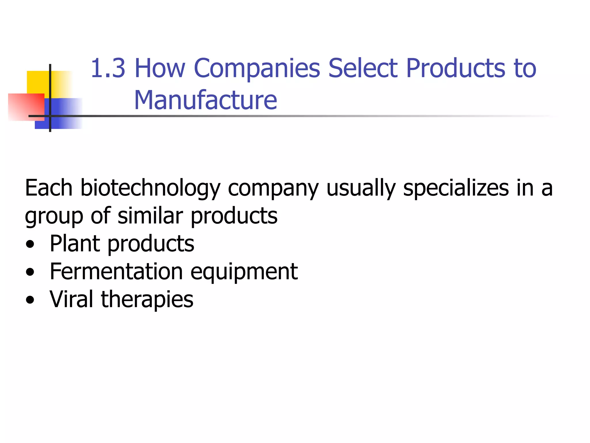 1.3 How Companies Select Products to
Manufacture
Each biotechnology company usually specializes in a
group of similar products
• Plant products
• Fermentation equipment
• Viral therapies

 