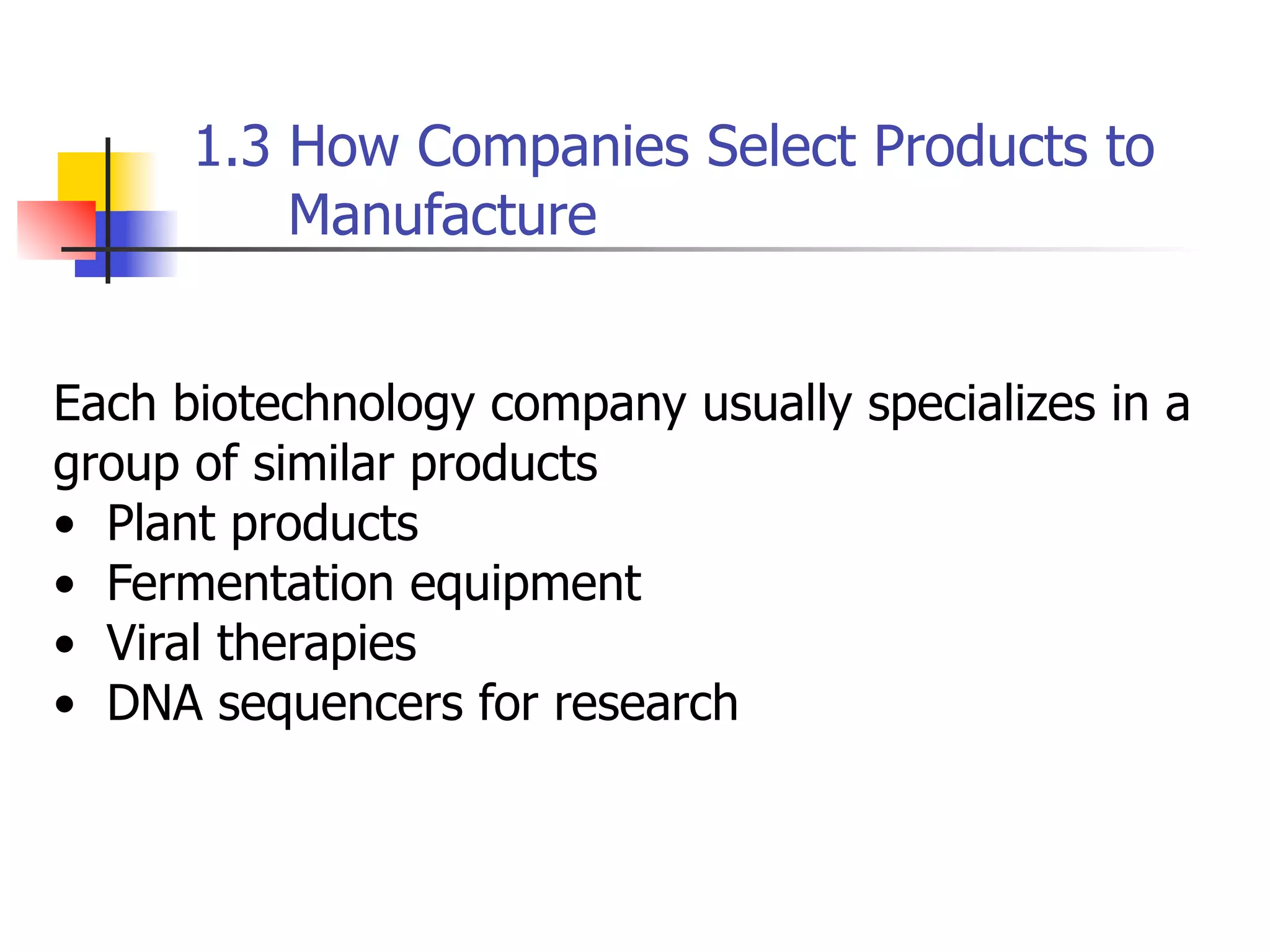1.3 How Companies Select Products to
Manufacture
Each biotechnology company usually specializes in a
group of similar products
• Plant products
• Fermentation equipment
• Viral therapies
• DNA sequencers for research

 