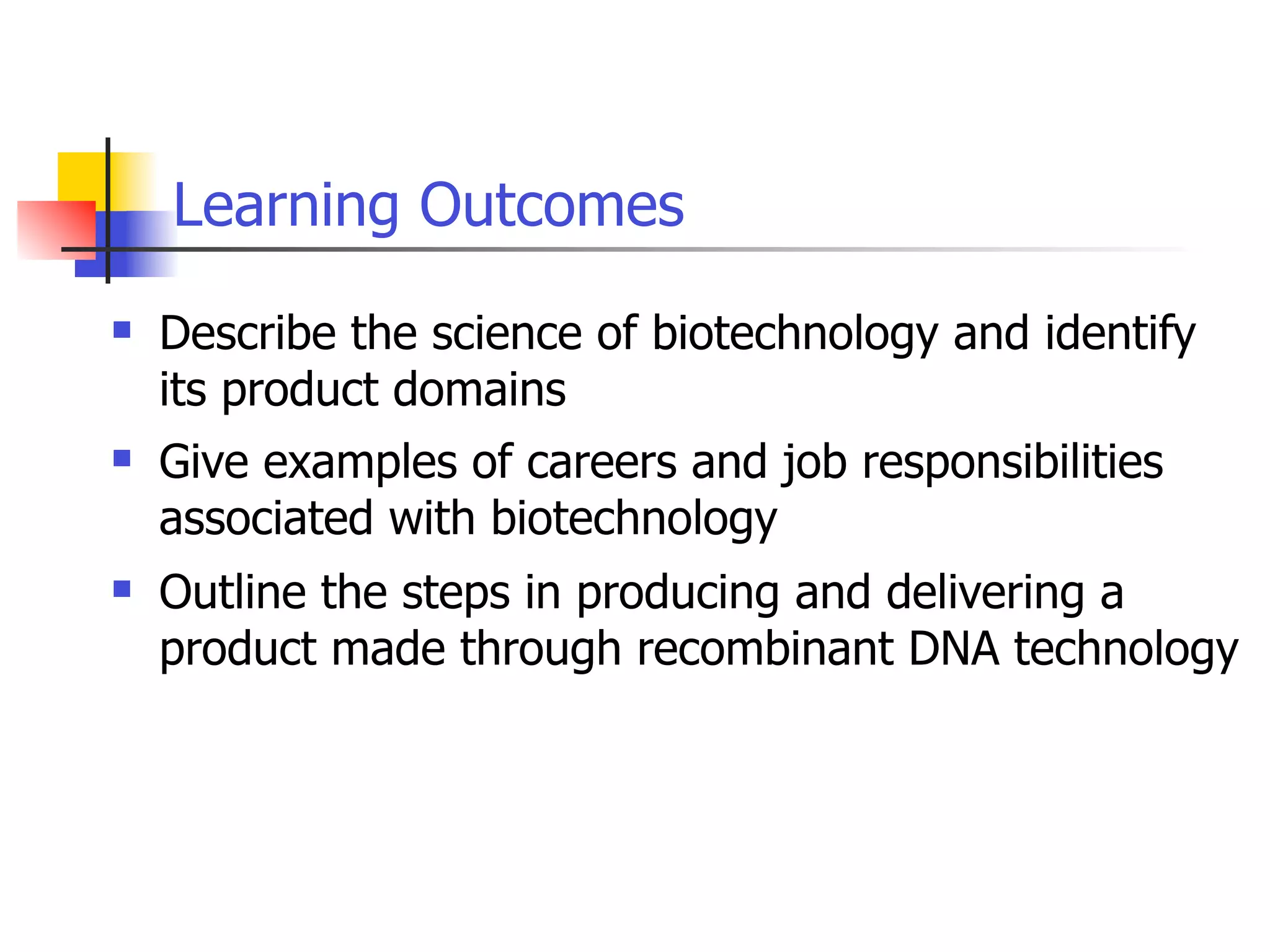 Learning Outcomes


Describe the science of biotechnology and identify
its product domains



Give examples of careers and job responsibilities
associated with biotechnology



Outline the steps in producing and delivering a
product made through recombinant DNA technology

 