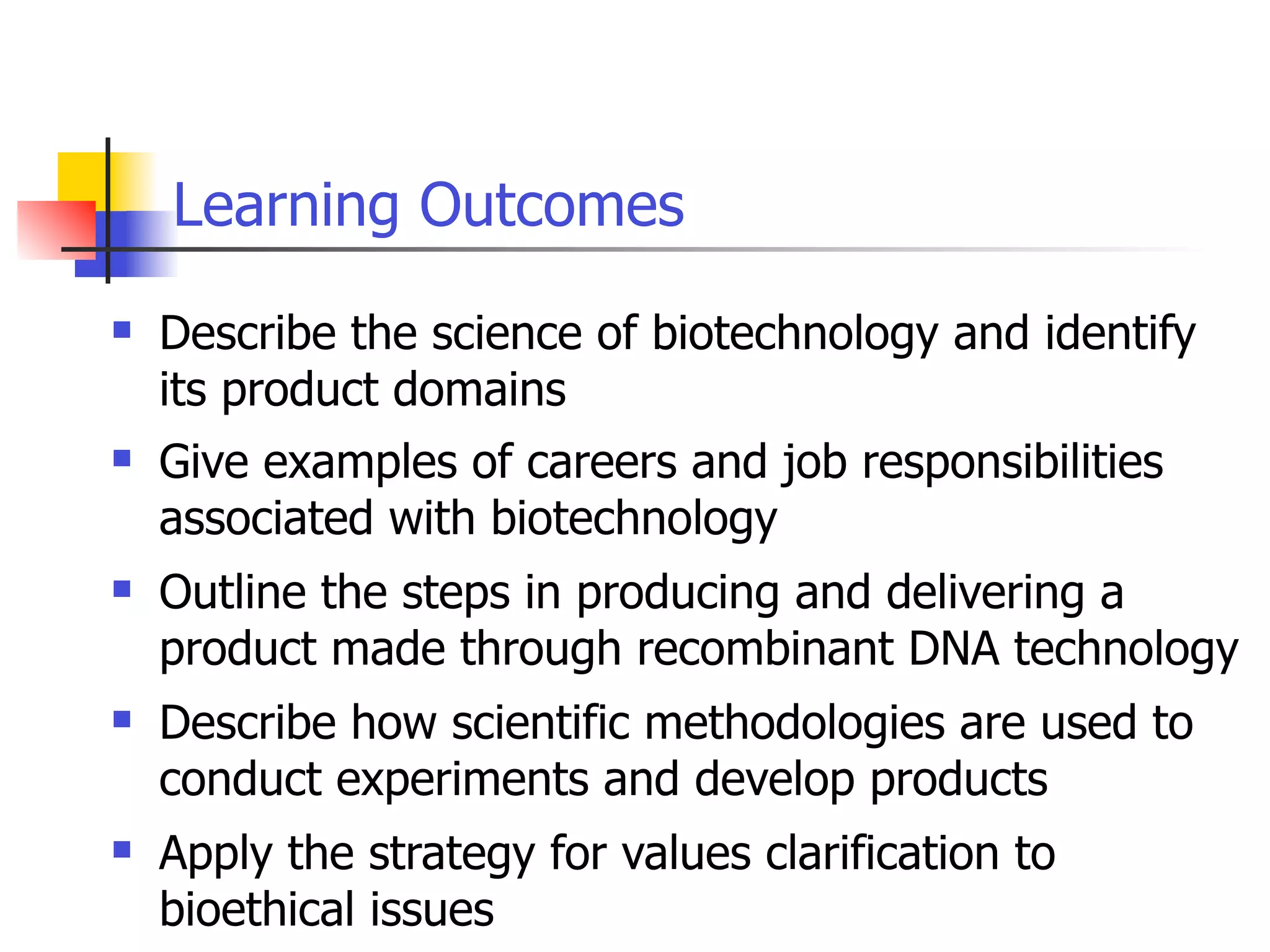 Learning Outcomes


Describe the science of biotechnology and identify
its product domains



Give examples of careers and job responsibilities
associated with biotechnology



Outline the steps in producing and delivering a
product made through recombinant DNA technology



Describe how scientific methodologies are used to
conduct experiments and develop products



Apply the strategy for values clarification to
bioethical issues

 
