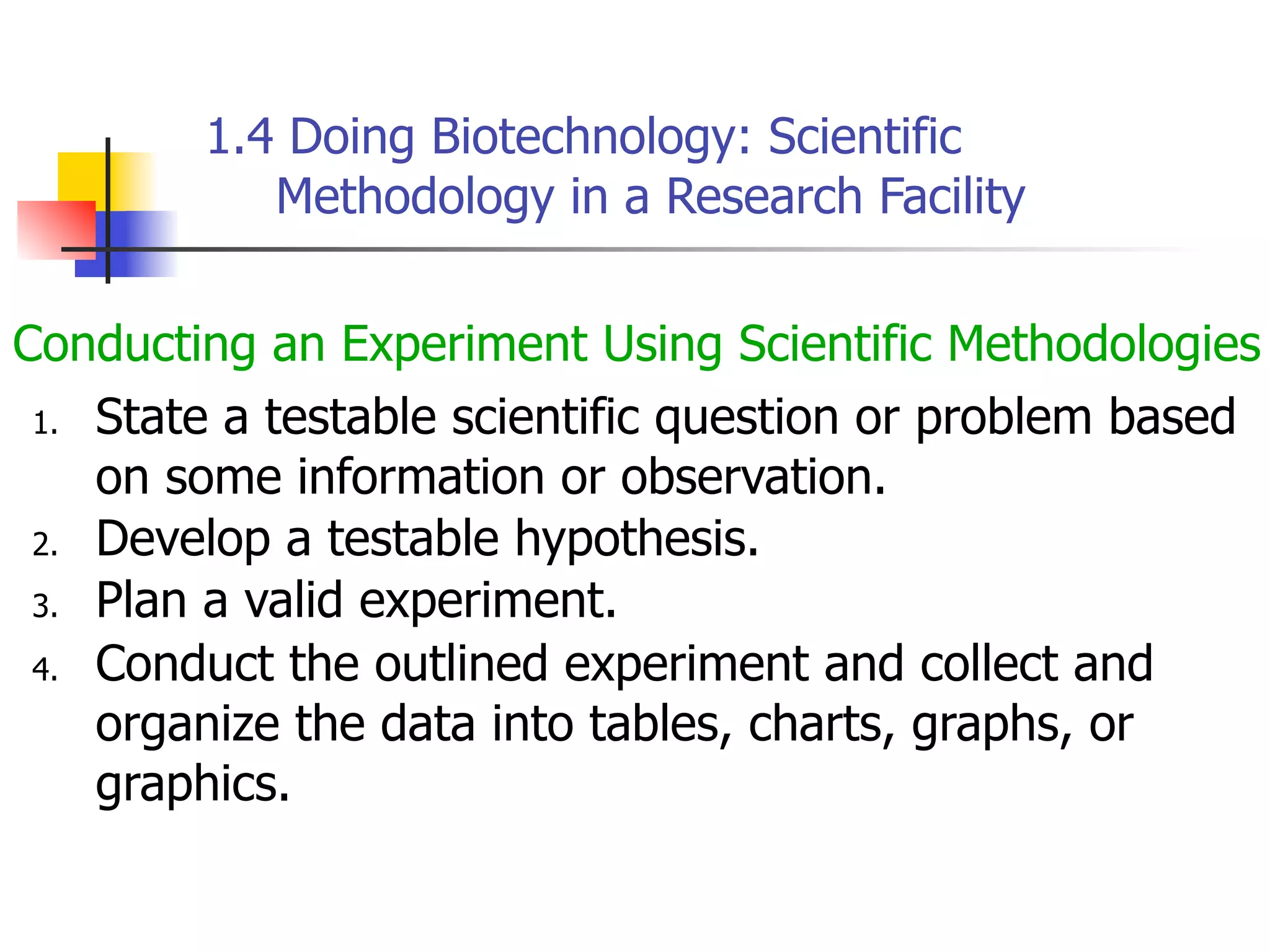 1.4 Doing Biotechnology: Scientific
Methodology in a Research Facility
Conducting an Experiment Using Scientific Methodologies
1. State a testable scientific question or problem based
on some information or observation.
2. Develop a testable hypothesis.
3. Plan a valid experiment.
4. Conduct the outlined experiment and collect and
organize the data into tables, charts, graphs, or
graphics.

 
