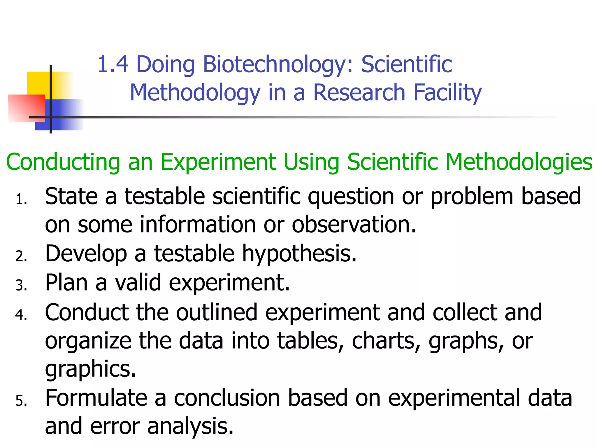 1.4 Doing Biotechnology: Scientific
Methodology in a Research Facility
Conducting an Experiment Using Scientific Methodologies
1. State a testable scientific question or problem based
on some information or observation.
2. Develop a testable hypothesis.
3. Plan a valid experiment.
4. Conduct the outlined experiment and collect and
organize the data into tables, charts, graphs, or
graphics.
5. Formulate a conclusion based on experimental data
and error analysis.

 