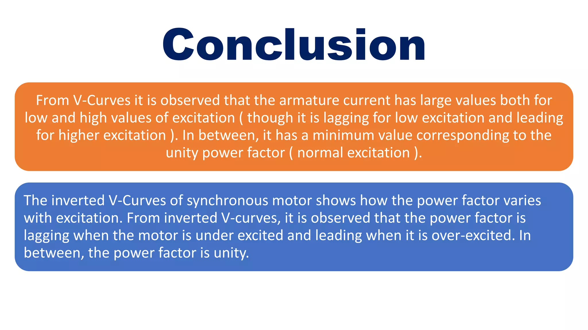 Conclusion
From V-Curves it is observed that the armature current has large values both for
low and high values of excitation ( though it is lagging for low excitation and leading
for higher excitation ). In between, it has a minimum value corresponding to the
unity power factor ( normal excitation ).
The inverted V-Curves of synchronous motor shows how the power factor varies
with excitation. From inverted V-curves, it is observed that the power factor is
lagging when the motor is under excited and leading when it is over-excited. In
between, the power factor is unity.
 