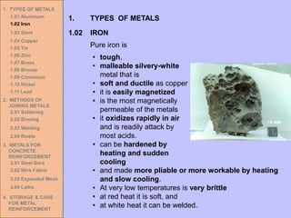 1. TYPES OF METALS
1.01 Aluminum
1.02 Iron
1.03 Steel
1.04 Copper
1.05 Tin
1.06 Zinc
1.07 Brass
1.08 Bronze
1.09 Chromium
1.10 Nickel
1.11 Lead
2. METHODS OF
JOINING METALS
2.01 Soldering
2.02 Brazing
2.03 Welding
2.04 Rivets
3. METALS FOR
CONCRETE
REINFORCEMENT
3.01 Steel Bars
3.02 Wire Fabric
3.03 Expanded Mesh
3.04 Laths
4. STORAGE & CARE
FOR METAL
REINFORCEMENT
Pure iron is
• and made more pliable or more workable by heating
and slow cooling.
• At very low temperatures is very brittle
• at red heat it is soft, and
• at white heat it can be welded.
1.02 IRON
1. TYPES OF METALS
• tough,
• malleable silvery-white
metal that is
• soft and ductile as copper
• it is easily magnetized
• is the most magnetically
permeable of the metals
• it oxidizes rapidly in air
and is readily attack by
most acids.
• can be hardened by
heating and sudden
cooling
 