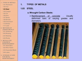 1. TYPES OF METALS
1.01 Aluminum
1.02 Iron
1.03 Steel
1.04 Copper
1.05 Tin
1.06 Zinc
1.07 Brass
1.08 Bronze
1.09 Chromium
1.10 Nickel
1.11 Lead
2. METHODS OF
JOINING METALS
2.01 Soldering
2.02 Brazing
2.03 Welding
2.04 Rivets
3. METALS FOR
CONCRETE
REINFORCEMENT
3.01 Steel Bars
3.02 Wire Fabric
3.03 Expanded Mesh
3.04 Laths
4. STORAGE & CARE
FOR METAL
REINFORCEMENT
a. Wrought Carbon Steels:
➢ Reinforcement of concrete . Usually
deformed bars of varying grades and
diameters.
1.03 STEEL
1. TYPES OF METALS
 