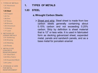 1. TYPES OF METALS
1.01 Aluminum
1.02 Iron
1.03 Steel
1.04 Copper
1.05 Tin
1.06 Zinc
1.07 Brass
1.08 Bronze
1.09 Chromium
1.10 Nickel
1.11 Lead
2. METHODS OF
JOINING METALS
2.01 Soldering
2.02 Brazing
2.03 Welding
2.04 Rivets
3. METALS FOR
CONCRETE
REINFORCEMENT
3.01 Steel Bars
3.02 Wire Fabric
3.03 Expanded Mesh
3.04 Laths
4. STORAGE & CARE
FOR METAL
REINFORCEMENT
➢ Sheet and strip. Steel sheet is made from low
carbon steels generally containing about
0.15% carbon and not exceeding 0.25%
carbon. Strip by definition is sheet material
that is 12” or less wide. It is used in fabricated
form as decking galvanized sheet, expanded
metal, panels and sandwich panels, and as a
base metal for porcelain enamel
1.03 STEEL
1. TYPES OF METALS
a. Wrought Carbon Steels:
 