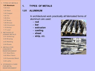 In architectural work practically all fabricated forms of
aluminum are used:
- rod
- bar
- extrusion
- casting
- sheet
- strip, etc.
1.01 ALUMINUM
1. TYPES OF METALS
1. TYPES OF METALS
1.01 Aluminum
1.02 Iron
1.03 Steel
1.04 Copper
1.05 Tin
1.06 Zinc
1.07 Brass
1.08 Bronze
1.09 Chromium
1.10 Nickel
1.11 Lead
2. METHODS OF
JOINING METALS
2.01 Soldering
2.02 Brazing
2.03 Welding
2.04 Rivets
3. METALS FOR
CONCRETE
REINFORCEMENT
3.01 Steel Bars
3.02 Wire Fabric
3.03 Expanded Mesh
3.04 Laths
4. STORAGE & CARE
FOR METAL
REINFORCEMENT
 