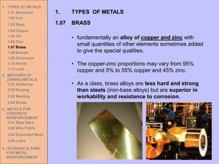 1. TYPES OF METALS
1.01 Aluminum
1.02 Iron
1.03 Steel
1.04 Copper
1.05 Tin
1.06 Zinc
1.07 Brass
1.08 Bronze
1.09 Chromium
1.10 Nickel
1.11 Lead
2. METHODS OF
JOINING METALS
2.01 Soldering
2.02 Brazing
2.03 Welding
2.04 Rivets
3. METALS FOR
CONCRETE
REINFORCEMENT
3.01 Steel Bars
3.02 Wire Fabric
3.03 Expanded Mesh
3.04 Laths
4. STORAGE & CARE
FOR METAL
REINFORCEMENT
• fundamentally an alloy of copper and zinc with
small quantities of other elements sometimes added
to give the special qualities.
• The copper-zinc proportions may vary from 95%
copper and 5% to 55% copper and 45% zinc.
• As a class, brass alloys are less hard and strong
than steels (iron-base alloys) but are superior in
workability and resistance to corrosion.
1.07 BRASS
1. TYPES OF METALS
 