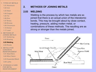 1. TYPES OF METALS
1.01 Aluminum
1.02 Iron
1.03 Steel
1.04 Copper
1.05 Tin
1.06 Zinc
1.07 Brass
1.08 Bronze
1.09 Chromium
1.10 Nickel
1.11 Lead
2. METHODS OF
JOINING METALS
2.01 Soldering
2.02 Brazing
2.03 Welding
2.04 Rivets
3. METALS FOR
CONCRETE
REINFORCEMENT
3.01 Steel Bars
3.02 Wire Fabric
3.03 Expanded Mesh
3.04 Laths
4. STORAGE & CARE
FOR METAL
REINFORCEMENT
2.03 WELDING
2. METHODS OF JOINING METALS
Welding is the process by which two metals are so
joined that there is an actual union of the interatomic
bonds. This may be brought about by close contact,
heating, pressure, adding molten metal, or
combinations of these methods. The resulting are as
strong or stronger than the metals joined.
 