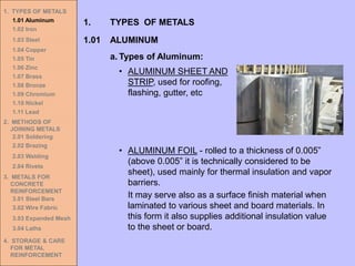 1. TYPES OF METALS
1.01 Aluminum
1.02 Iron
1.03 Steel
1.04 Copper
1.05 Tin
1.06 Zinc
1.07 Brass
1.08 Bronze
1.09 Chromium
1.10 Nickel
1.11 Lead
2. METHODS OF
JOINING METALS
2.01 Soldering
2.02 Brazing
2.03 Welding
2.04 Rivets
3. METALS FOR
CONCRETE
REINFORCEMENT
3.01 Steel Bars
3.02 Wire Fabric
3.03 Expanded Mesh
3.04 Laths
4. STORAGE & CARE
FOR METAL
REINFORCEMENT
1.01 ALUMINUM
1. TYPES OF METALS
• ALUMINUM SHEET AND
STRIP, used for roofing,
flashing, gutter, etc
a. Types of Aluminum:
• ALUMINUM FOIL - rolled to a thickness of 0.005”
(above 0.005” it is technically considered to be
sheet), used mainly for thermal insulation and vapor
barriers.
It may serve also as a surface finish material when
laminated to various sheet and board materials. In
this form it also supplies additional insulation value
to the sheet or board.
 