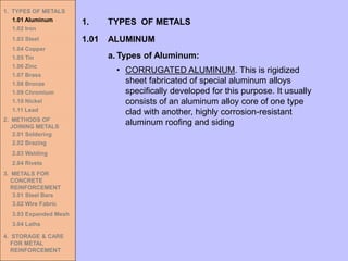 1.01 ALUMINUM
1. TYPES OF METALS
• CORRUGATED ALUMINUM. This is rigidized
sheet fabricated of special aluminum alloys
specifically developed for this purpose. It usually
consists of an aluminum alloy core of one type
clad with another, highly corrosion-resistant
aluminum roofing and siding
a. Types of Aluminum:
1. TYPES OF METALS
1.01 Aluminum
1.02 Iron
1.03 Steel
1.04 Copper
1.05 Tin
1.06 Zinc
1.07 Brass
1.08 Bronze
1.09 Chromium
1.10 Nickel
1.11 Lead
2. METHODS OF
JOINING METALS
2.01 Soldering
2.02 Brazing
2.03 Welding
2.04 Rivets
3. METALS FOR
CONCRETE
REINFORCEMENT
3.01 Steel Bars
3.02 Wire Fabric
3.03 Expanded Mesh
3.04 Laths
4. STORAGE & CARE
FOR METAL
REINFORCEMENT
 