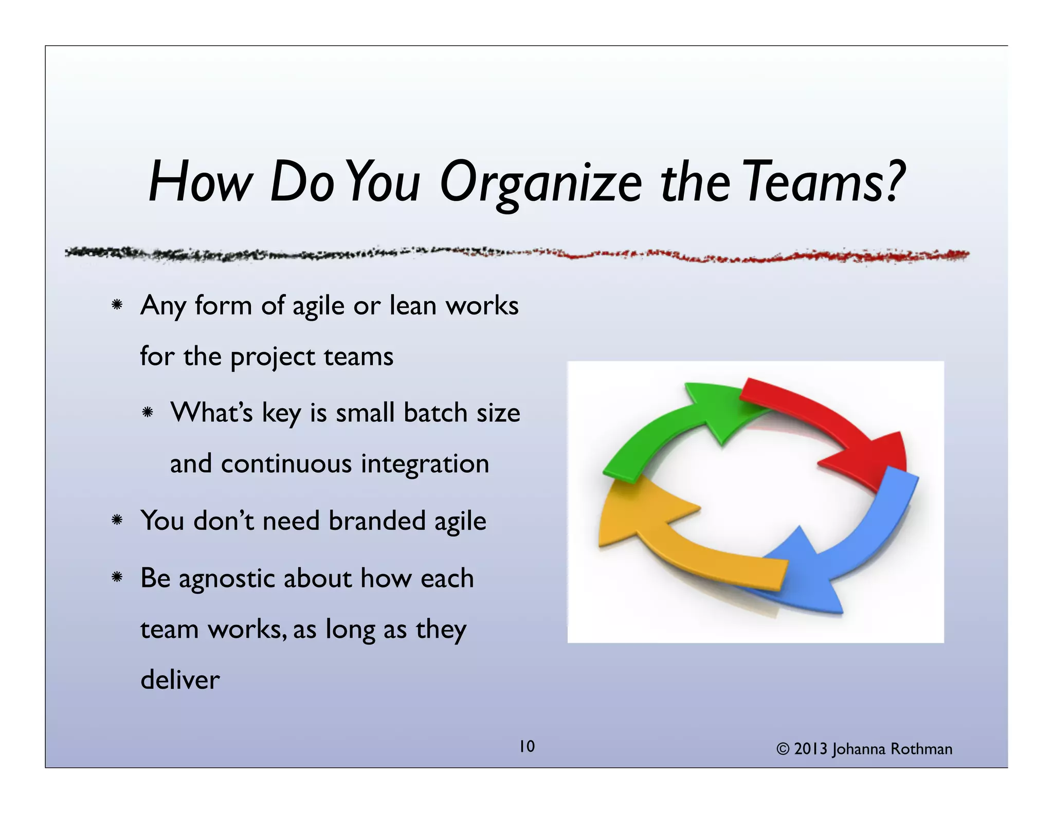 How Do You Organize the Teams?
Any form of agile or lean works
for the project teams
What’s key is small batch size
and continuous integration
You don’t need branded agile
Be agnostic about how each
team works, as long as they
deliver
10

© 2013 Johanna Rothman

 