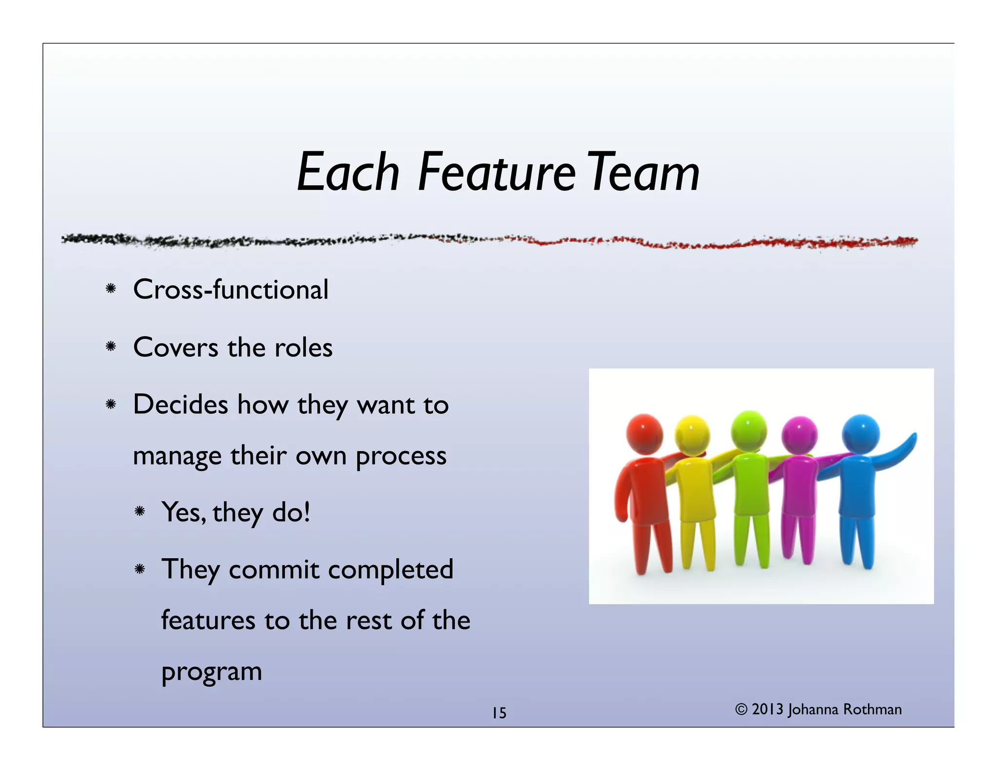 Each Feature Team
Cross-functional
Covers the roles
Decides how they want to
manage their own process
Yes, they do!
They commit completed
features to the rest of the
program
15

© 2013 Johanna Rothman

 