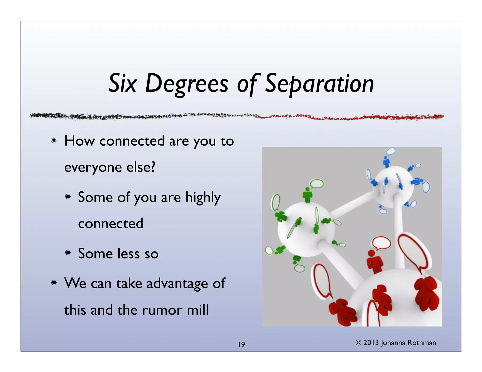 Six Degrees of Separation
How connected are you to
everyone else?
Some of you are highly
connected
Some less so
We can take advantage of
this and the rumor mill
19

© 2013 Johanna Rothman

 