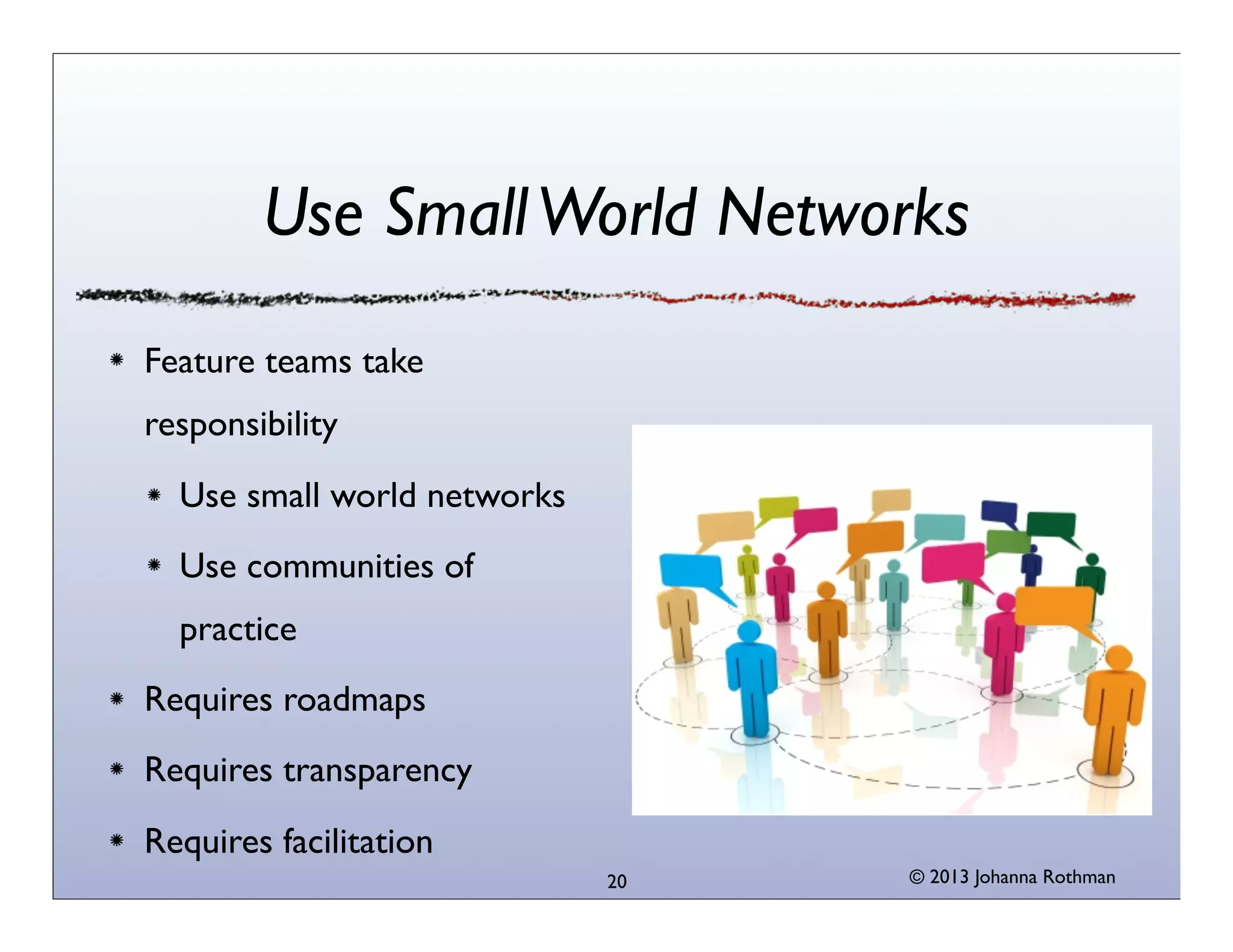 Use Small World Networks
Feature teams take
responsibility
Use small world networks
Use communities of
practice
Requires roadmaps
Requires transparency
Requires facilitation
20

© 2013 Johanna Rothman

 