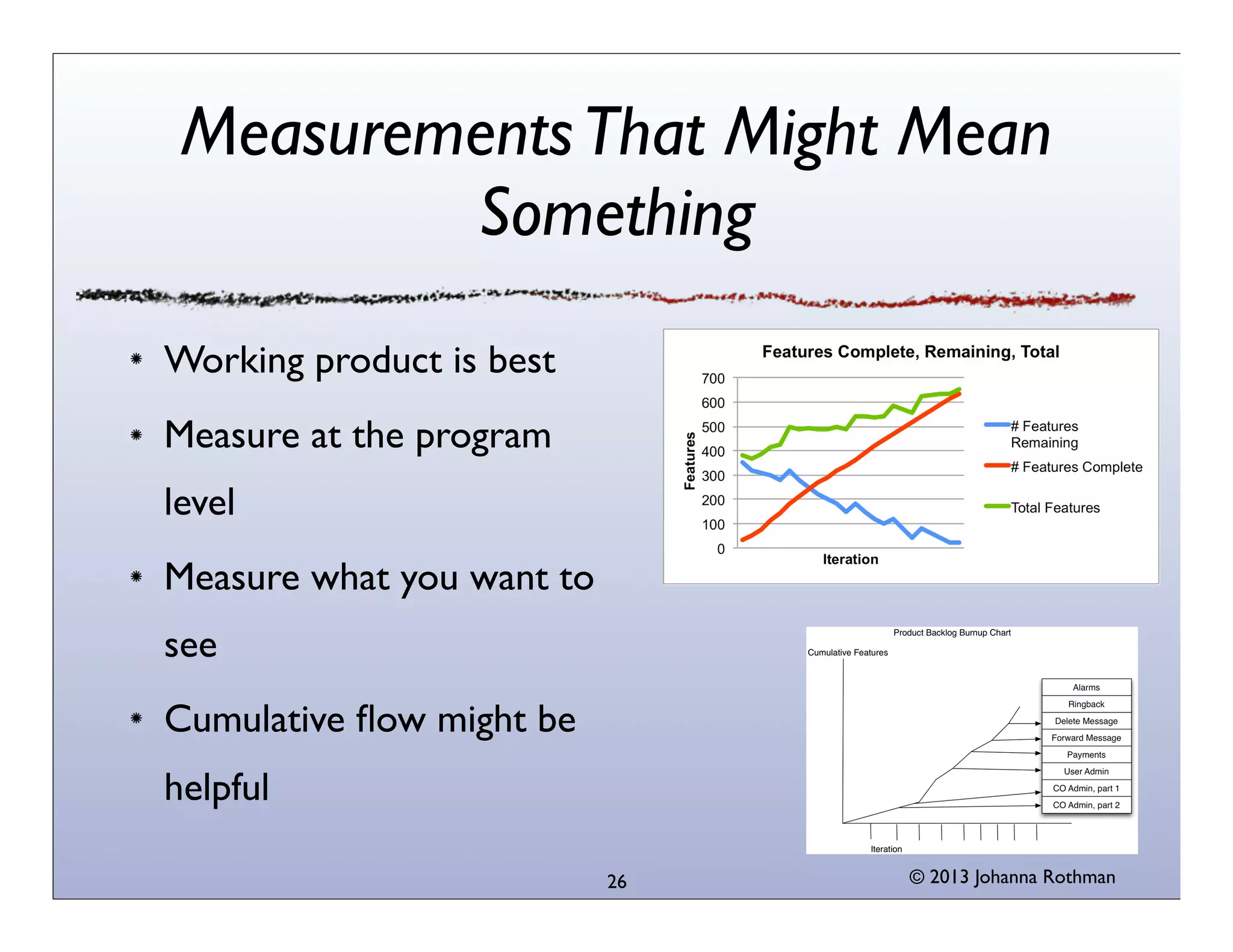 Measurements That Might Mean
Something
Working product is best
Measure at the program
level
Measure what you want to
see
Cumulative ﬂow might be
helpful
26

© 2013 Johanna Rothman

 