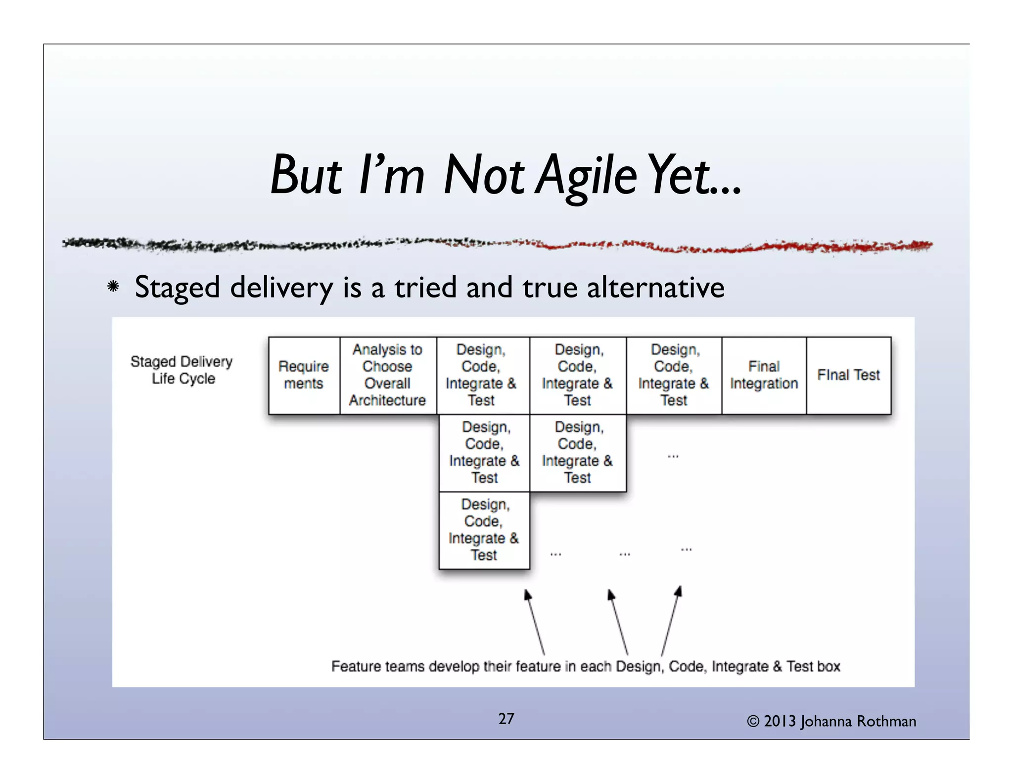 But I’m Not Agile Yet...
Staged delivery is a tried and true alternative

27

© 2013 Johanna Rothman

 