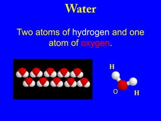 HHWaterTwo atoms of hydrogen and one atom of oxygen.O