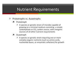 Nutrient Requirements
 Prototrophs vs. Auxotrophs
 Prototroph
 A species or genetic strain of microbe capable of
growing on a minimal medium consisting a simple
carbohydrate or CO2 carbon source, with inorganic
sources of all other nutrient requirements
 Auxotroph
 A species or genetic strain requiring one or more
complex organic nutrients (such as amino acids,
nucleotide bases, or enzymatic cofactors) for growth
 