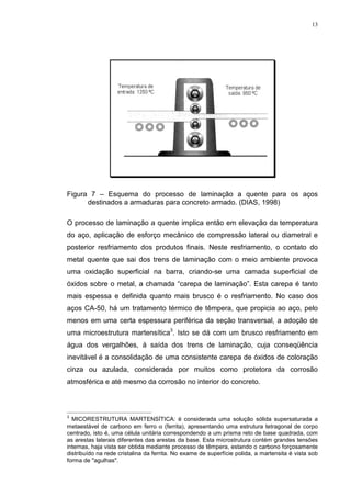 13




Figura 7 – Esquema do processo de laminação a quente para os aços
      destinados a armaduras para concreto armado. (DIAS, 1998)

O processo de laminação a quente implica então em elevação da temperatura
do aço, aplicação de esforço mecânico de compressão lateral ou diametral e
posterior resfriamento dos produtos finais. Neste resfriamento, o contato do
metal quente que sai dos trens de laminação com o meio ambiente provoca
uma oxidação superficial na barra, criando-se uma camada superficial de
óxidos sobre o metal, a chamada “carepa de laminação”. Esta carepa é tanto
mais espessa e definida quanto mais brusco é o resfriamento. No caso dos
aços CA-50, há um tratamento térmico de têmpera, que propicia ao aço, pelo
menos em uma certa espessura periférica da seção transversal, a adoção de
uma microestrutura martensítica3. Isto se dá com um brusco resfriamento em
água dos vergalhões, à saída dos trens de laminação, cuja conseqüência
inevitável é a consolidação de uma consistente carepa de óxidos de coloração
cinza ou azulada, considerada por muitos como protetora da corrosão
atmosférica e até mesmo da corrosão no interior do concreto.



3
  MICORESTRUTURA MARTENSÍTICA: é considerada uma solução sólida supersaturada a
metaestável de carbono em ferro α (ferrita), apresentando uma estrutura tetragonal de corpo
centrado, isto é, uma célula unitária correspondendo a um prisma reto de base quadrada, com
as arestas laterais diferentes das arestas da base. Esta microstrutura contém grandes tensões
internas, haja vista ser obtida mediante processo de têmpera, estando o carbono forçosamente
distribuído na rede cristalina da ferrita. No exame de superfície polida, a martensita é vista sob
forma de agulhas.
 